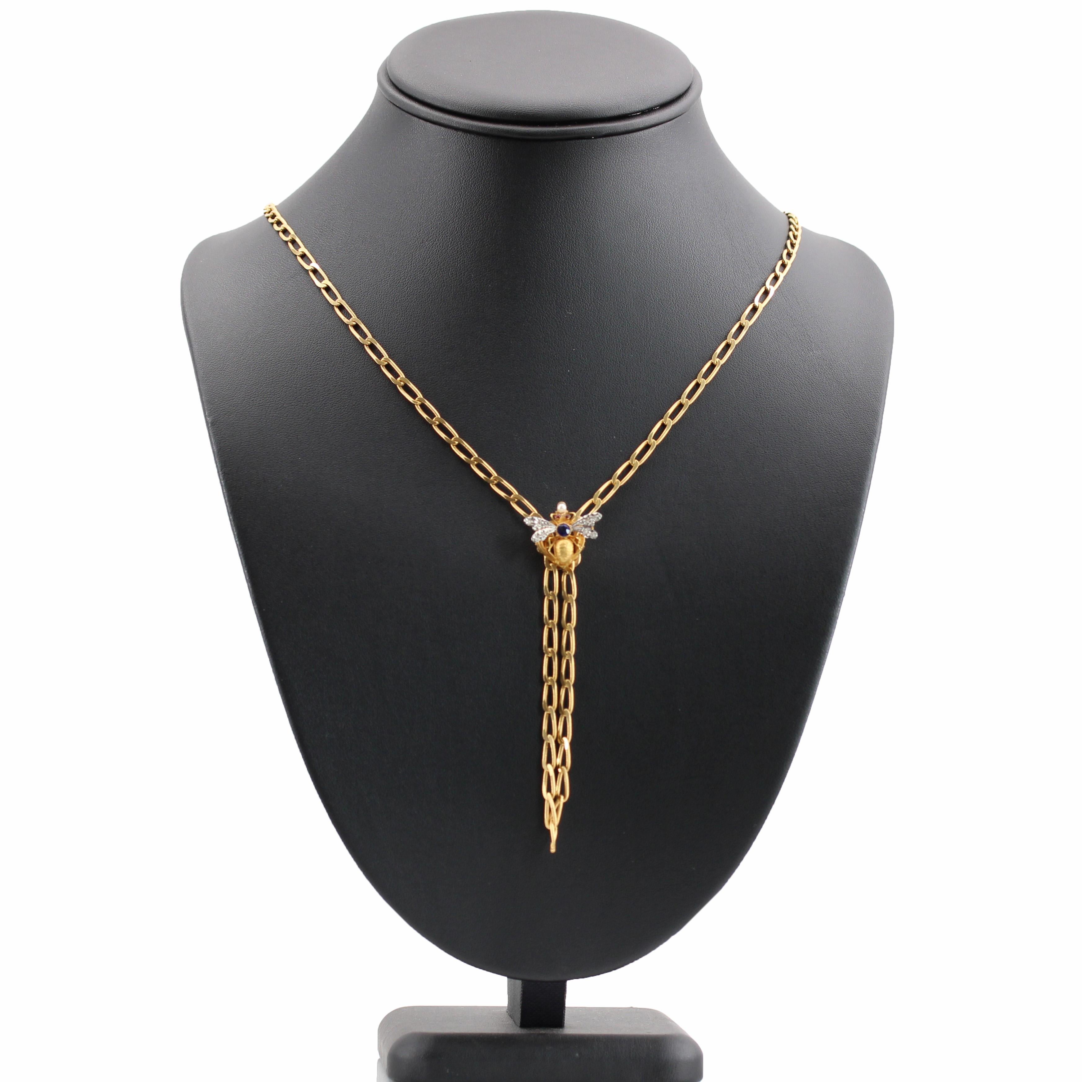 French 20th Century Sapphire Diamonds Rubies 18 Karat Yellow Gold Long Necklace 2