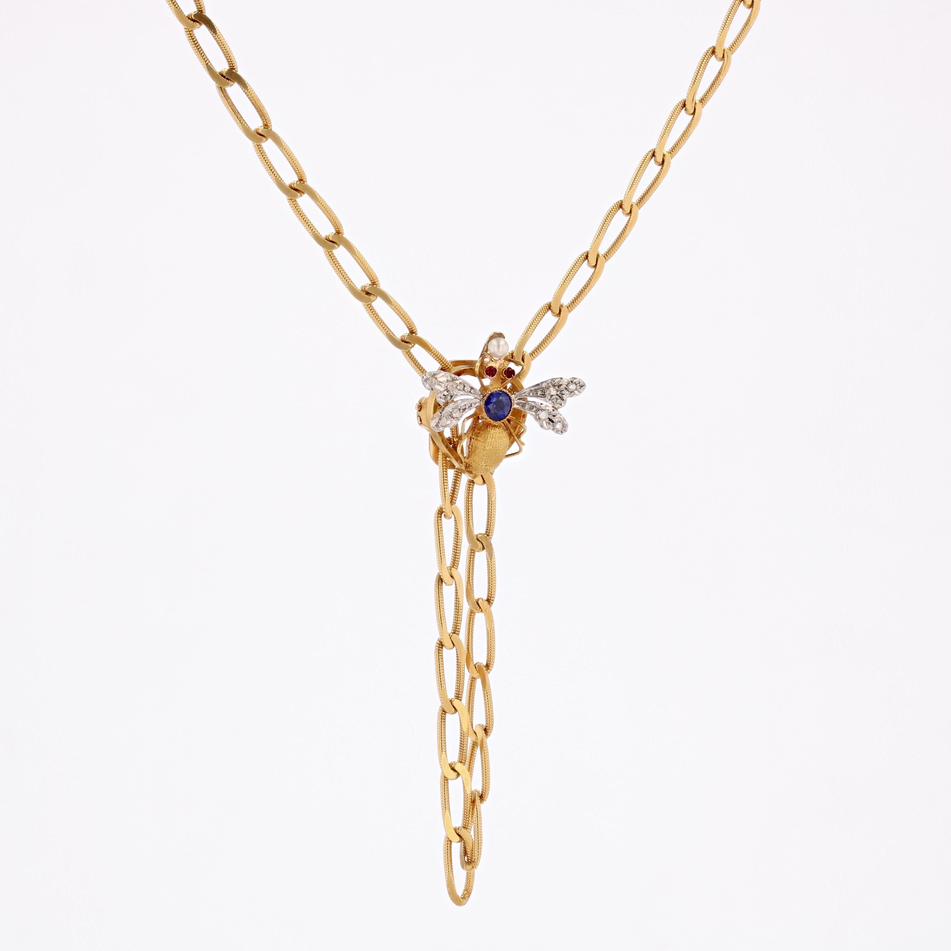 French 20th Century Sapphire Diamonds Rubies 18 Karat Yellow Gold Long Necklace 3