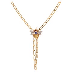 Antique French 20th Century Sapphire Diamonds Rubies 18 Karat Yellow Gold Long Necklace