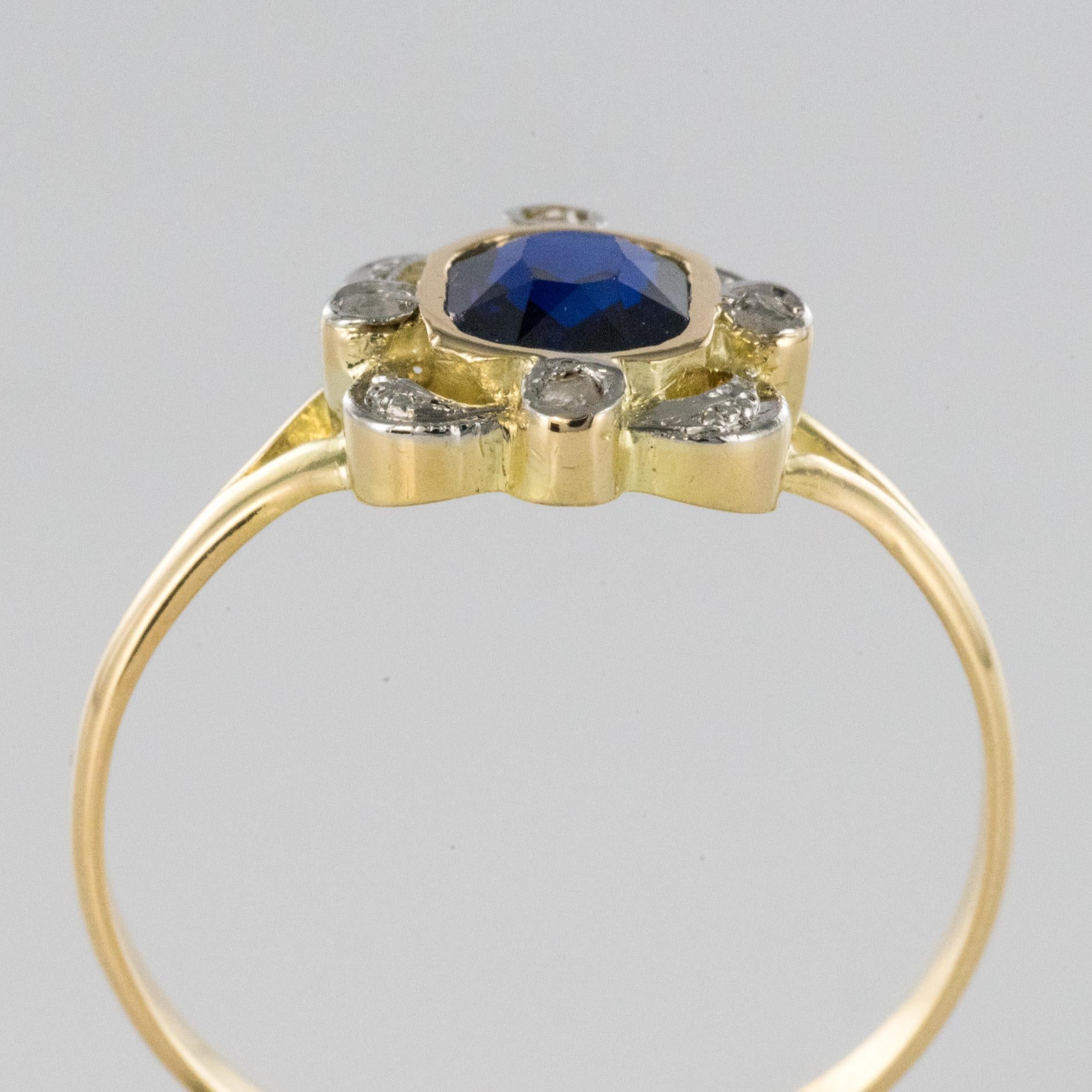 French 20th Century Sapphire Rose-Cut Diamonds 18 Karat Yellow Gold Ring 4