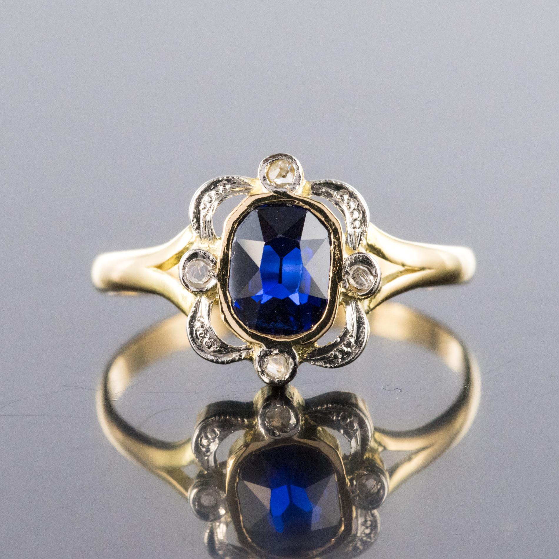Belle Époque French 20th Century Sapphire Rose-Cut Diamonds 18 Karat Yellow Gold Ring