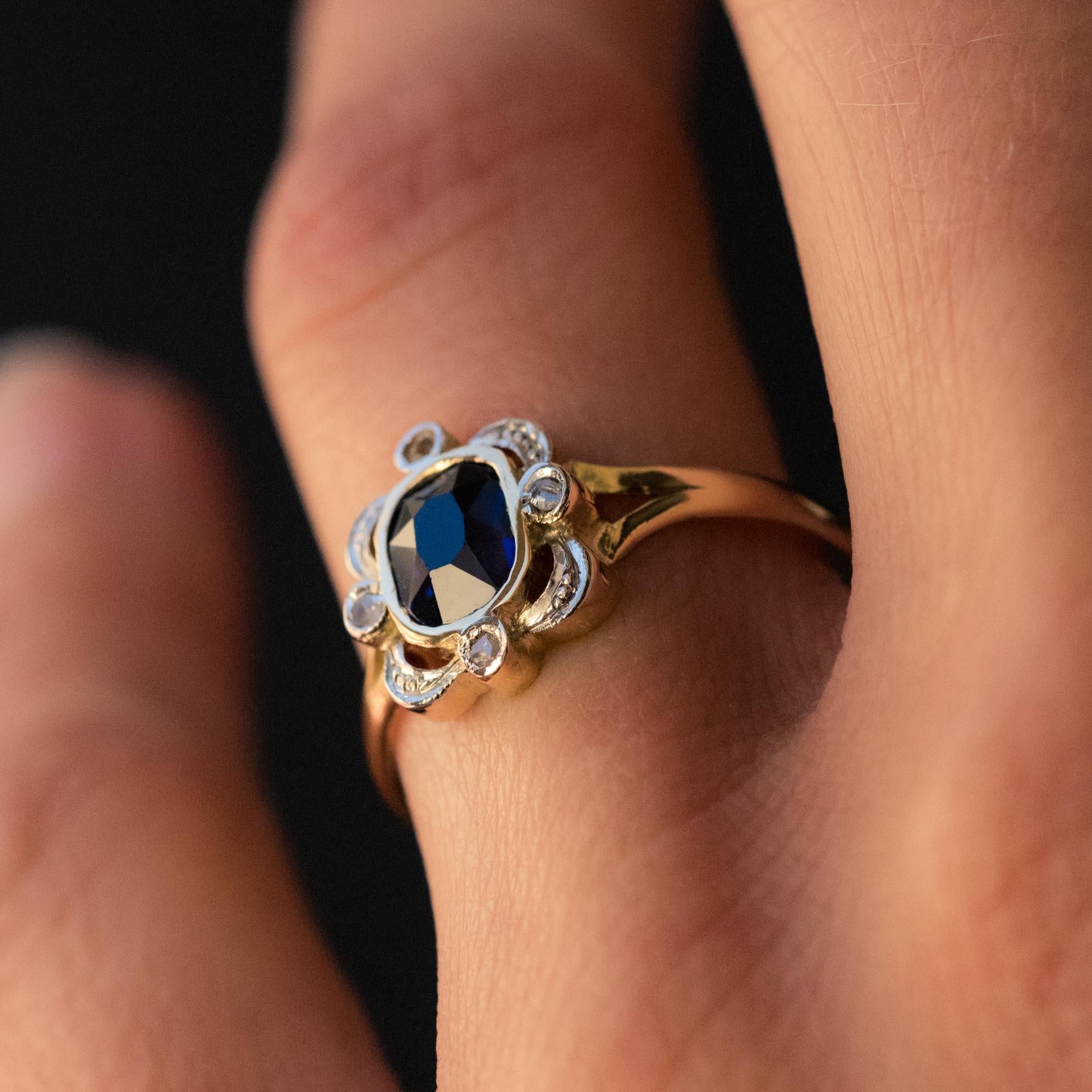French 20th Century Sapphire Rose-Cut Diamonds 18 Karat Yellow Gold Ring In Good Condition In Poitiers, FR