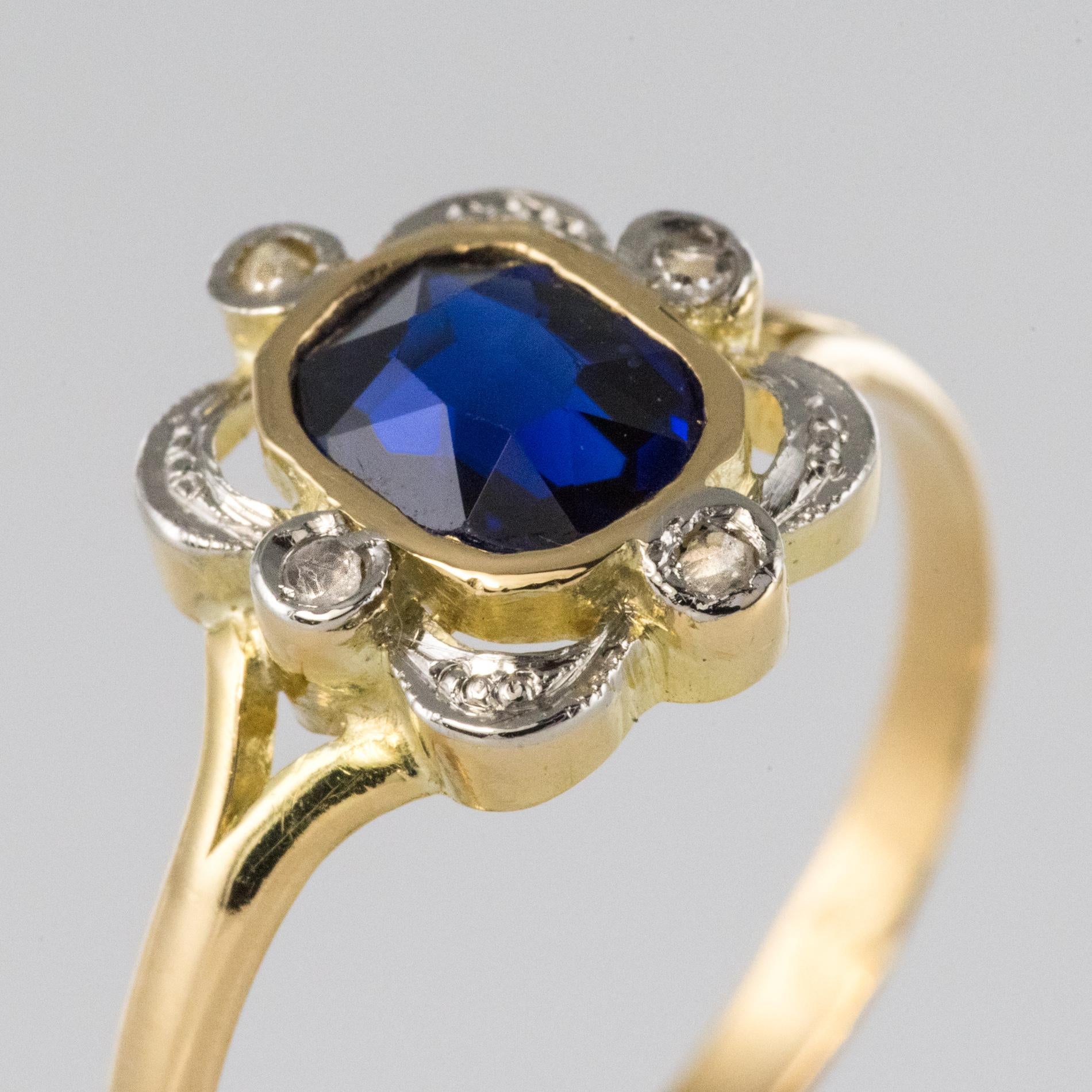 Women's French 20th Century Sapphire Rose-Cut Diamonds 18 Karat Yellow Gold Ring