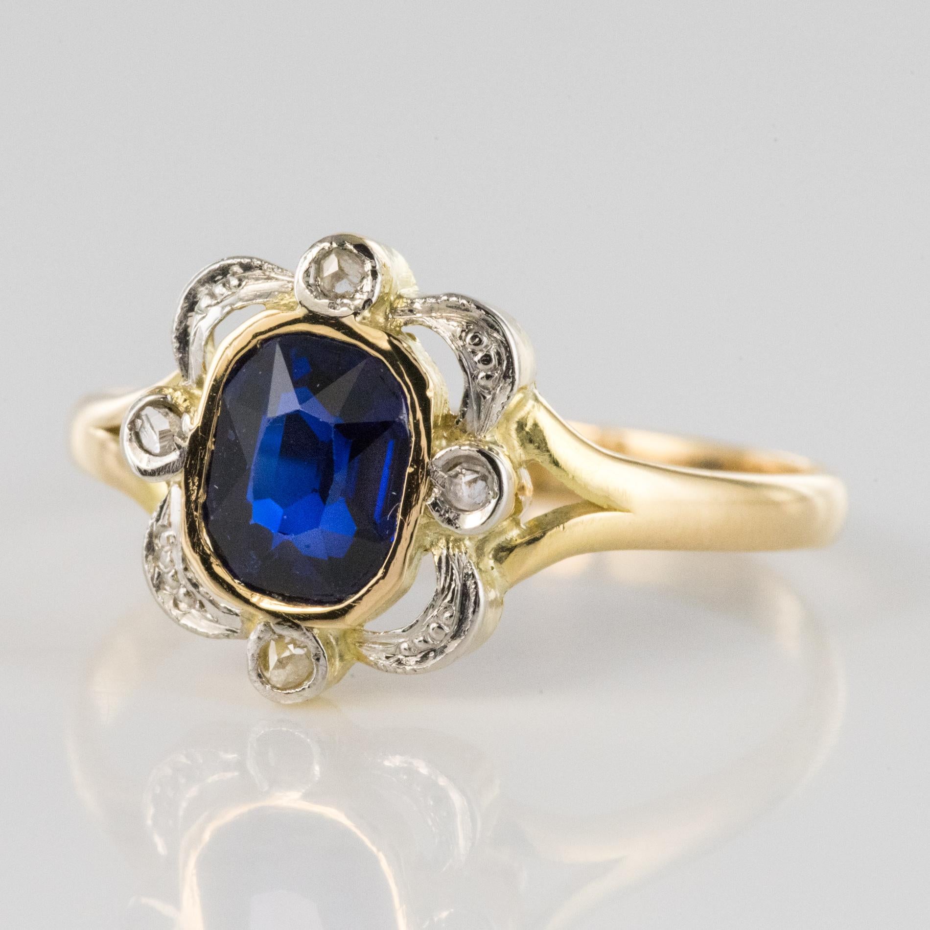 French 20th Century Sapphire Rose-Cut Diamonds 18 Karat Yellow Gold Ring 1
