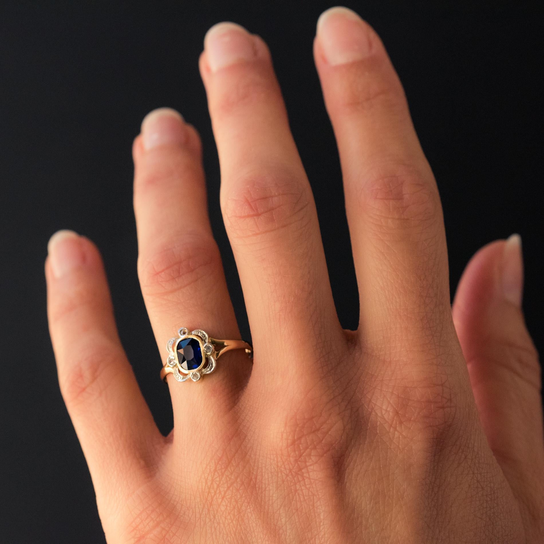 French 20th Century Sapphire Rose-Cut Diamonds 18 Karat Yellow Gold Ring 2
