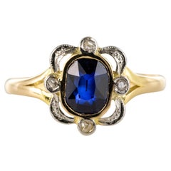 Antique French 20th Century Sapphire Rose-Cut Diamonds 18 Karat Yellow Gold Ring