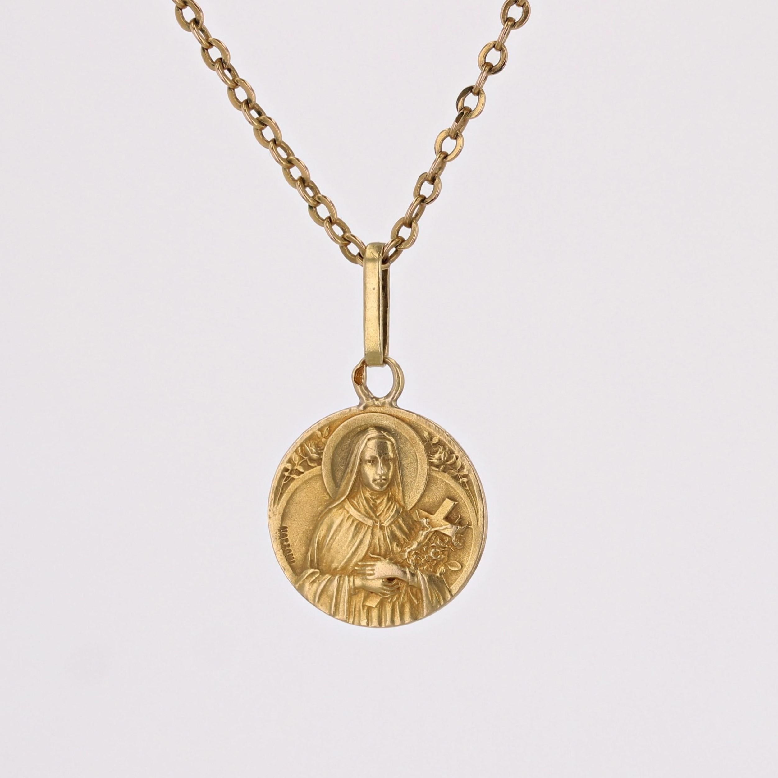Women's or Men's French 20th Century Signed Mazzoni 18 Karat Yellow Gold Saint Therese Medal