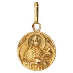Vintage French 20th Century Signed Mazzoni 18 Karat Yellow Gold Saint Therese Medal
