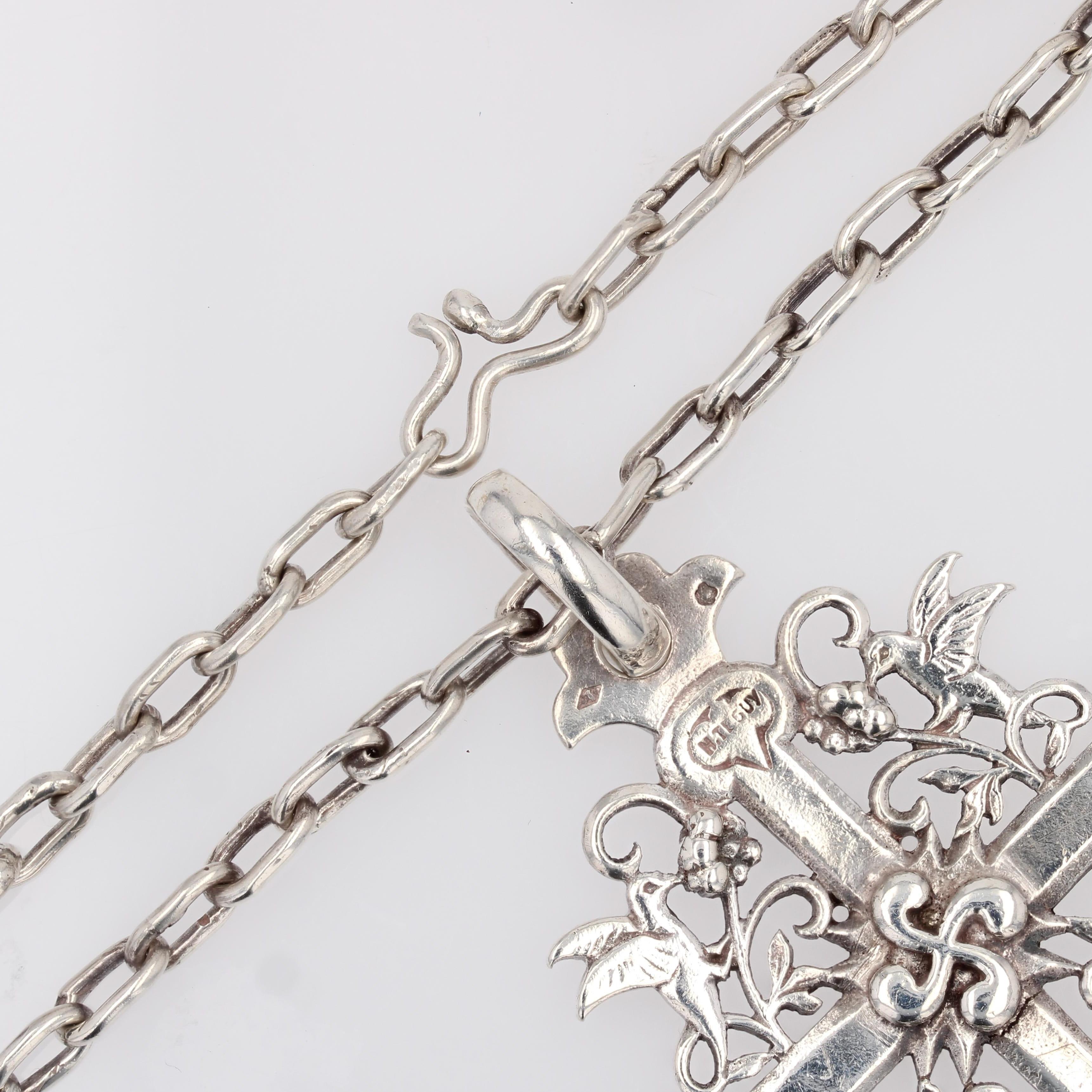 French 20th Century Silver Chain Regional Cross Pendant en vente 7