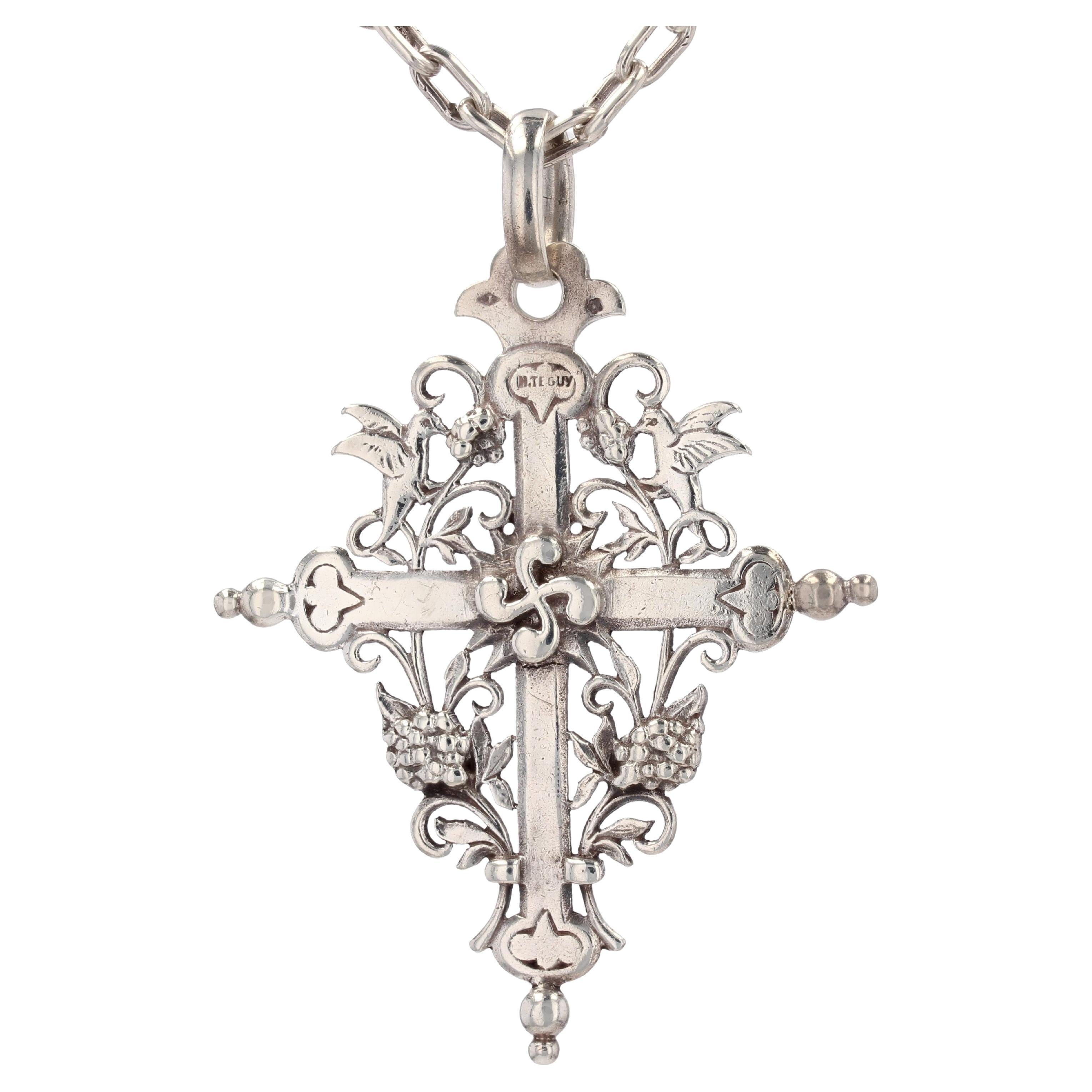 French 20th Century Silver Chain Regional Cross Pendant