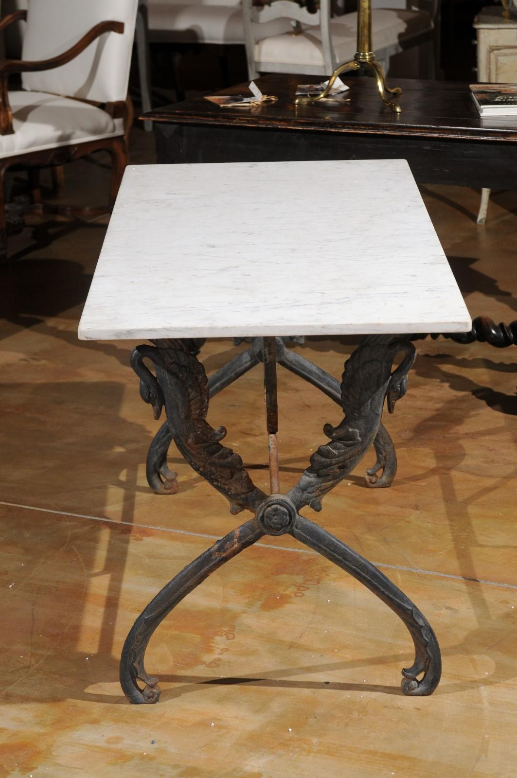 French 20th Century Sofa Table with White Marble Top and X Form Swan Base 7