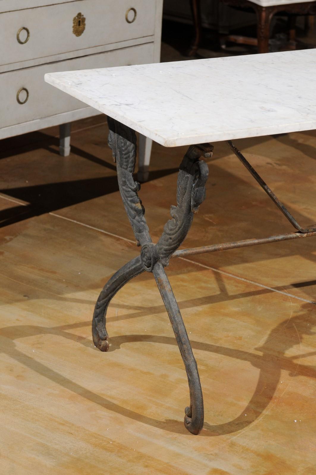 Iron French 20th Century Sofa Table with White Marble Top and X Form Swan Base