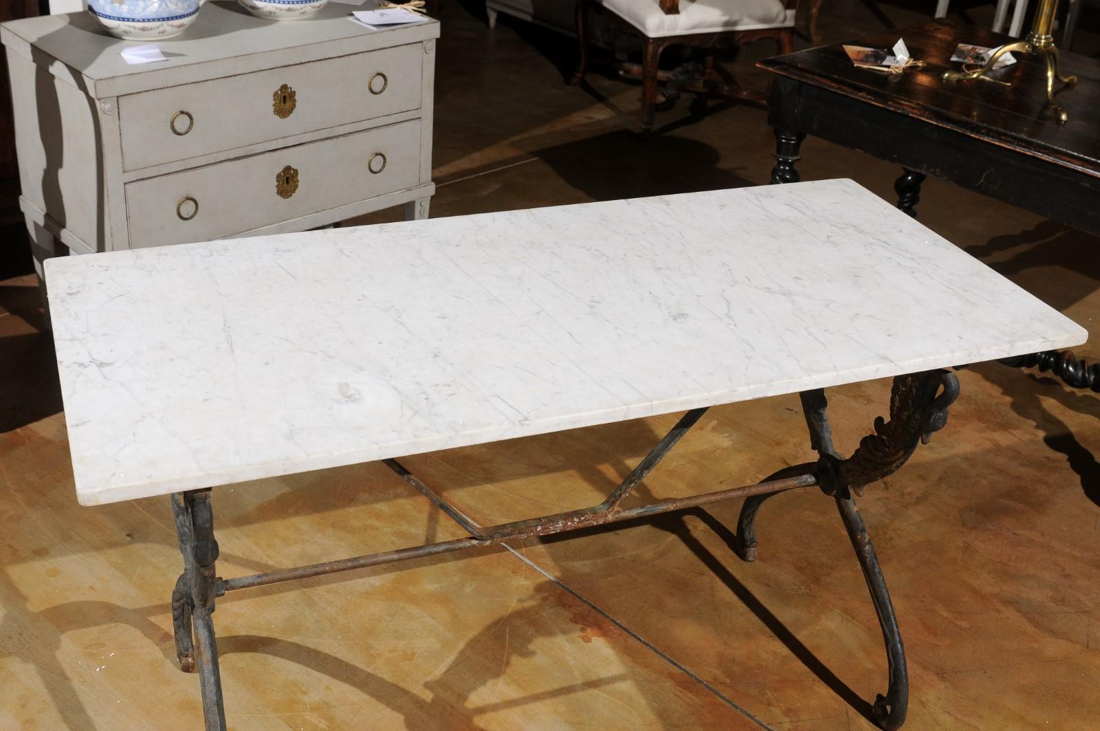 French 20th Century Sofa Table with White Marble Top and X Form Swan Base 2