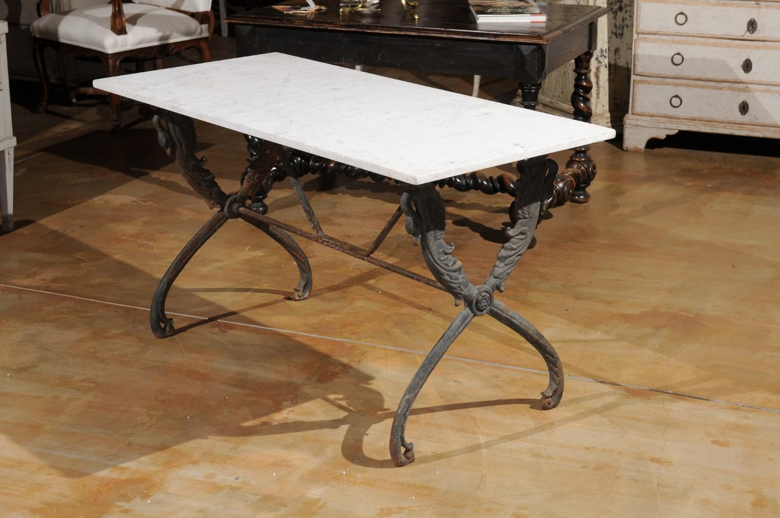 French 20th Century Sofa Table with White Marble Top and X Form Swan Base 4