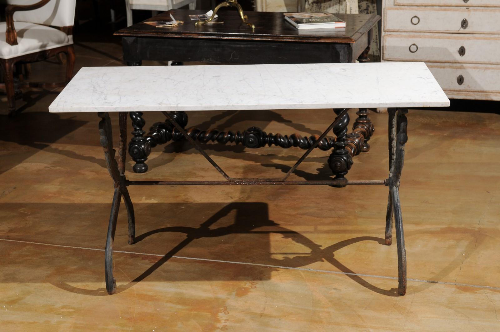 French 20th Century Sofa Table with White Marble Top and X Form Swan Base 5
