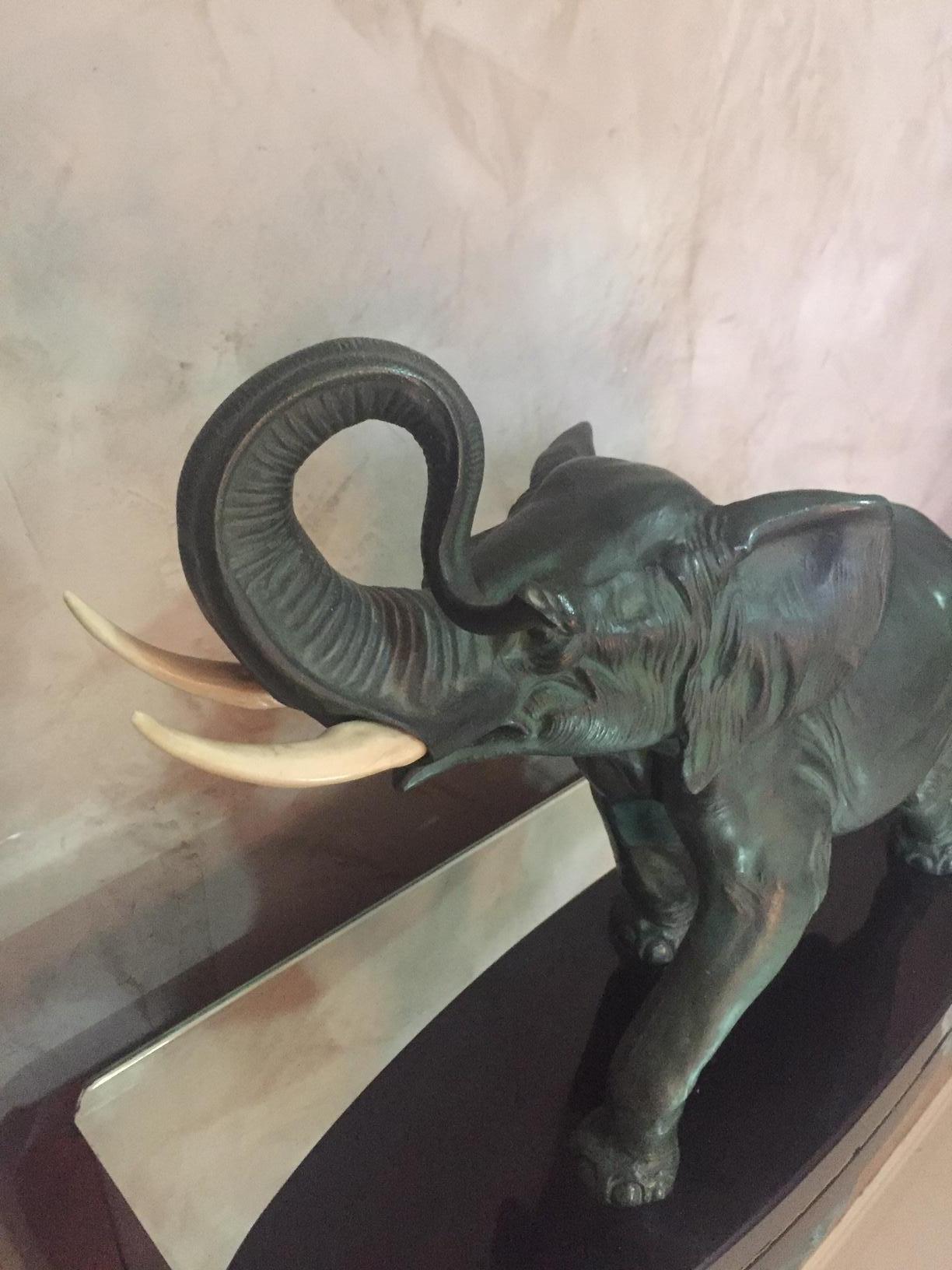 Mid-20th Century French 20th Century Spelter Elephant on Marble Base Ivory Defense, 1930s
