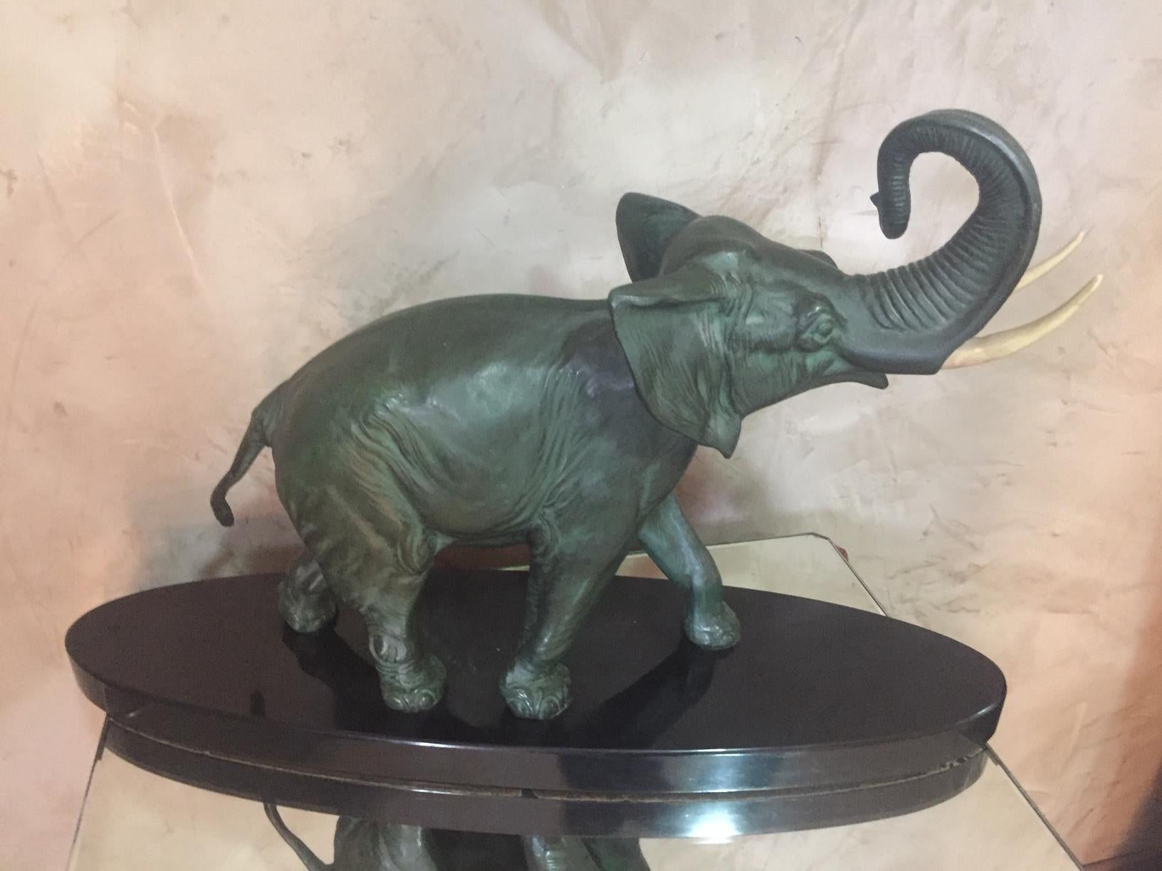 French 20th Century Spelter Elephant on Marble Base Ivory Defense, 1930s 3