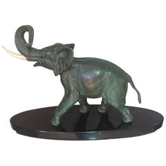 French 20th Century Spelter Elephant on Marble Base Ivory Defense, 1930s