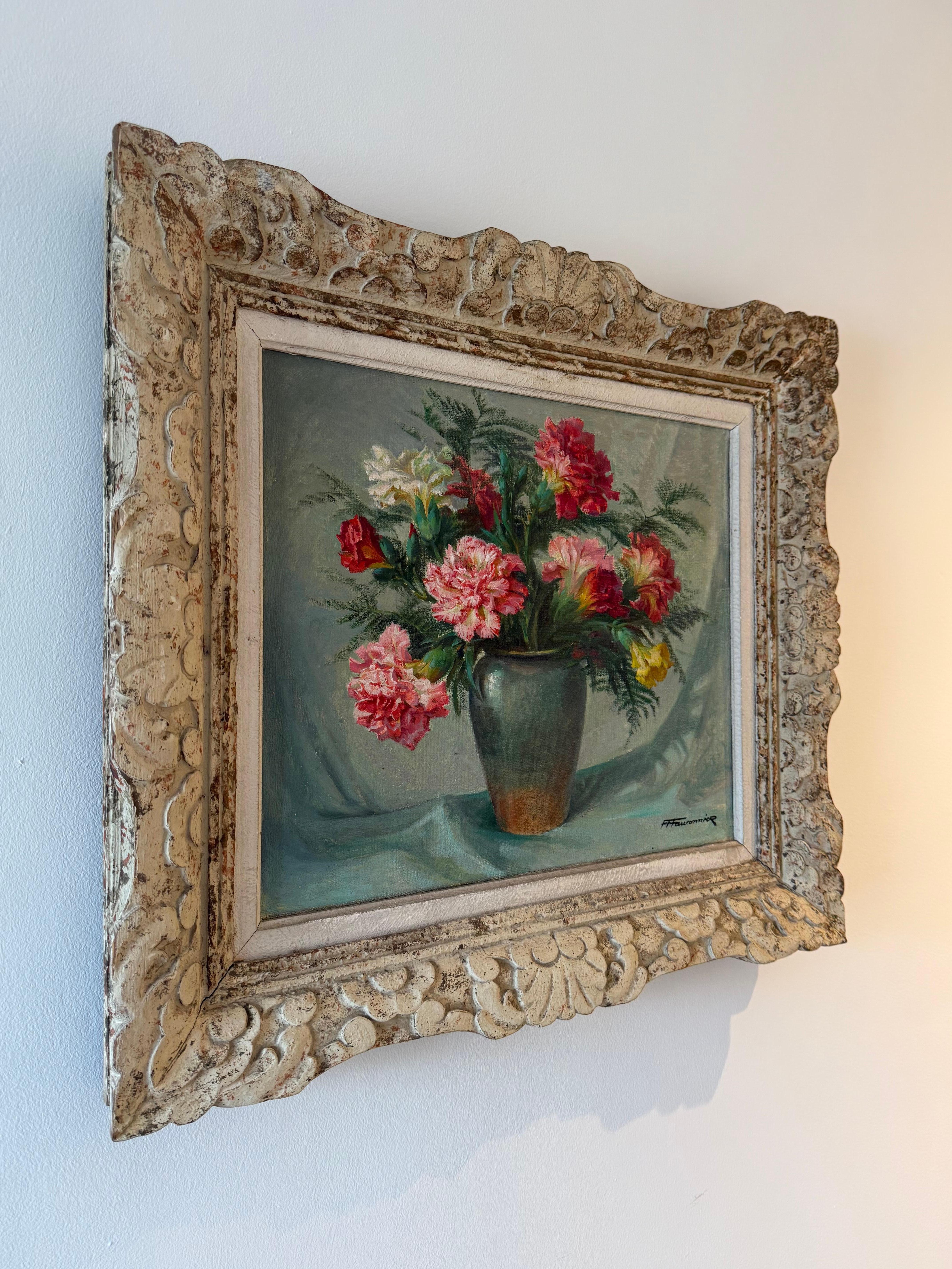Très belle nature morte française à l'huile sur toile représentant des fleurs. Signé en bas à droite. Monté dans un magnifique cadre Montparnasse en bois sculpté des années 1940.

Veuillez nous contacter pour un devis d'expédition dans le monde