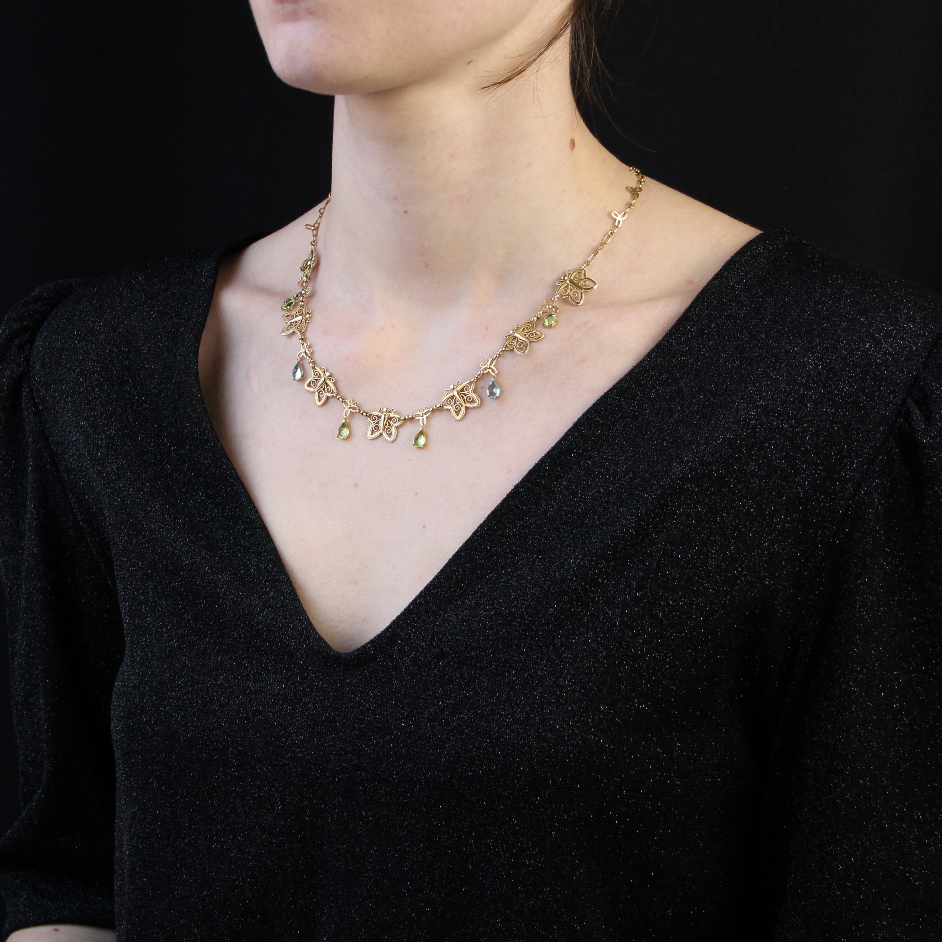 French 20th Century Topaz Peridot 18 Karat Yellow Gold Butterflies Necklace 3