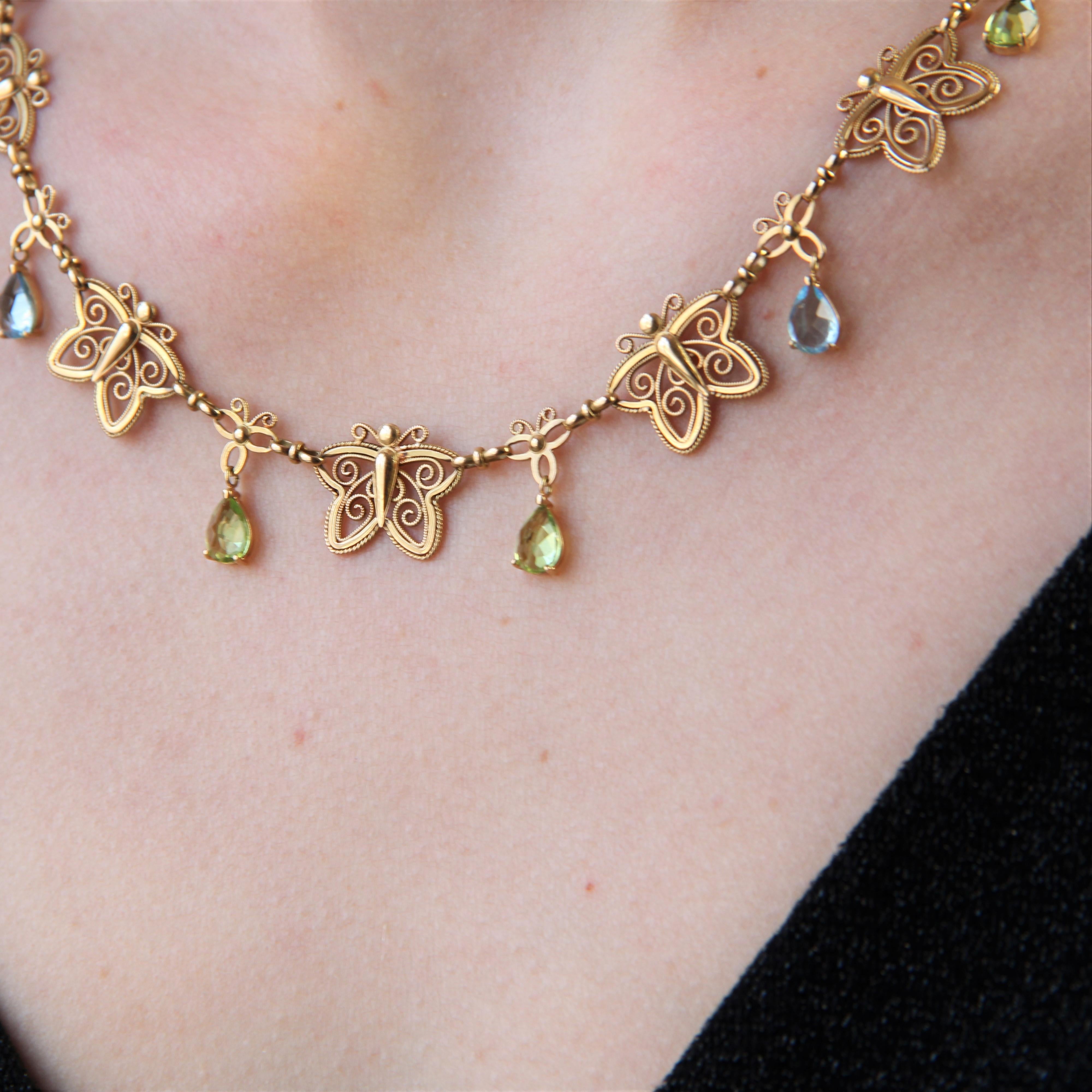 French 20th Century Topaz Peridot 18 Karat Yellow Gold Butterflies Necklace 4