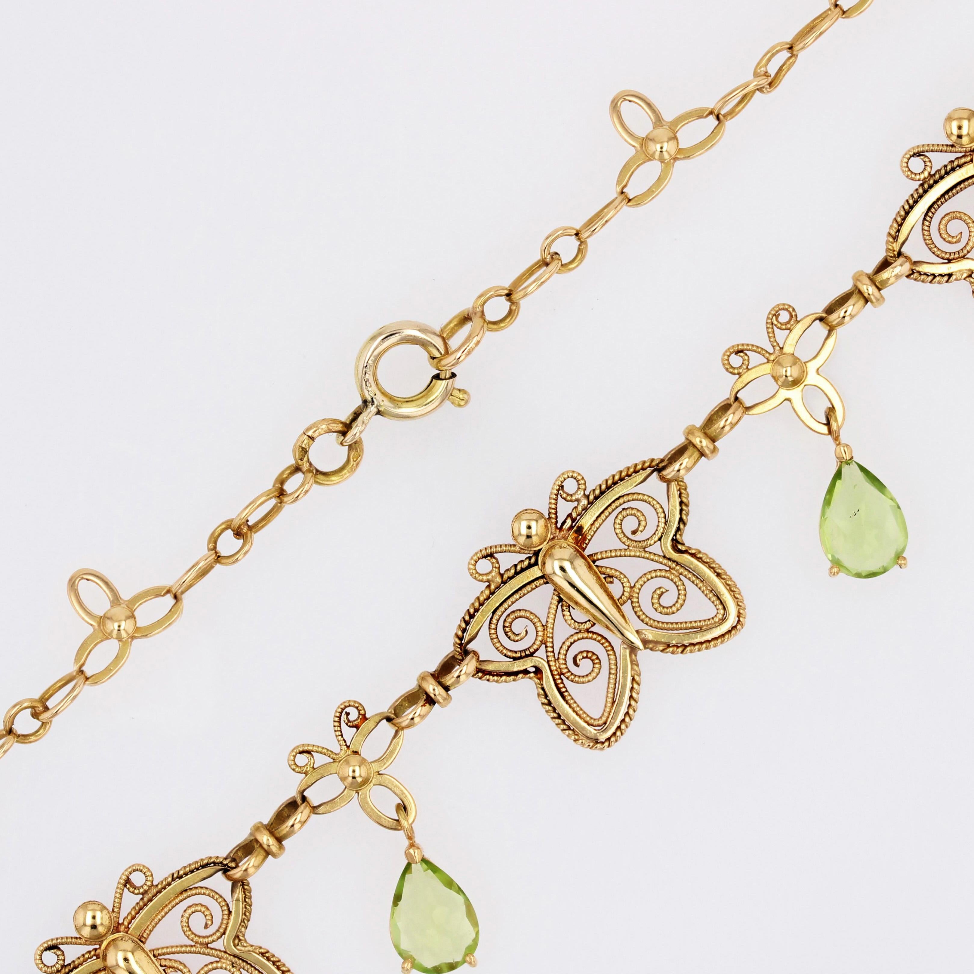 French 20th Century Topaz Peridot 18 Karat Yellow Gold Butterflies Necklace 5