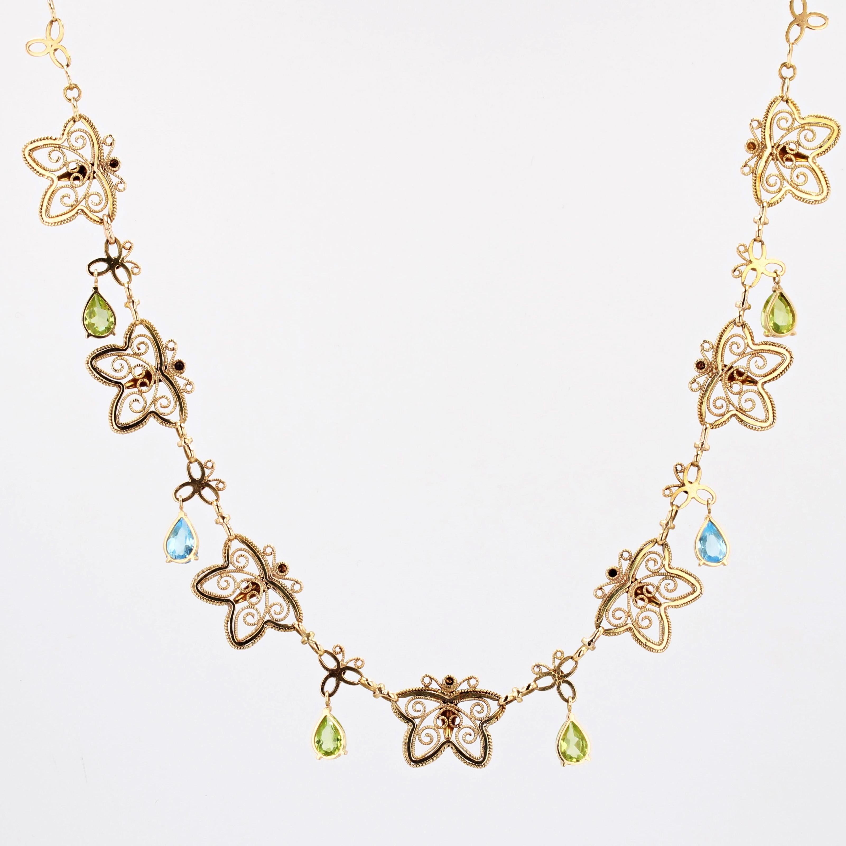 French 20th Century Topaz Peridot 18 Karat Yellow Gold Butterflies Necklace 6