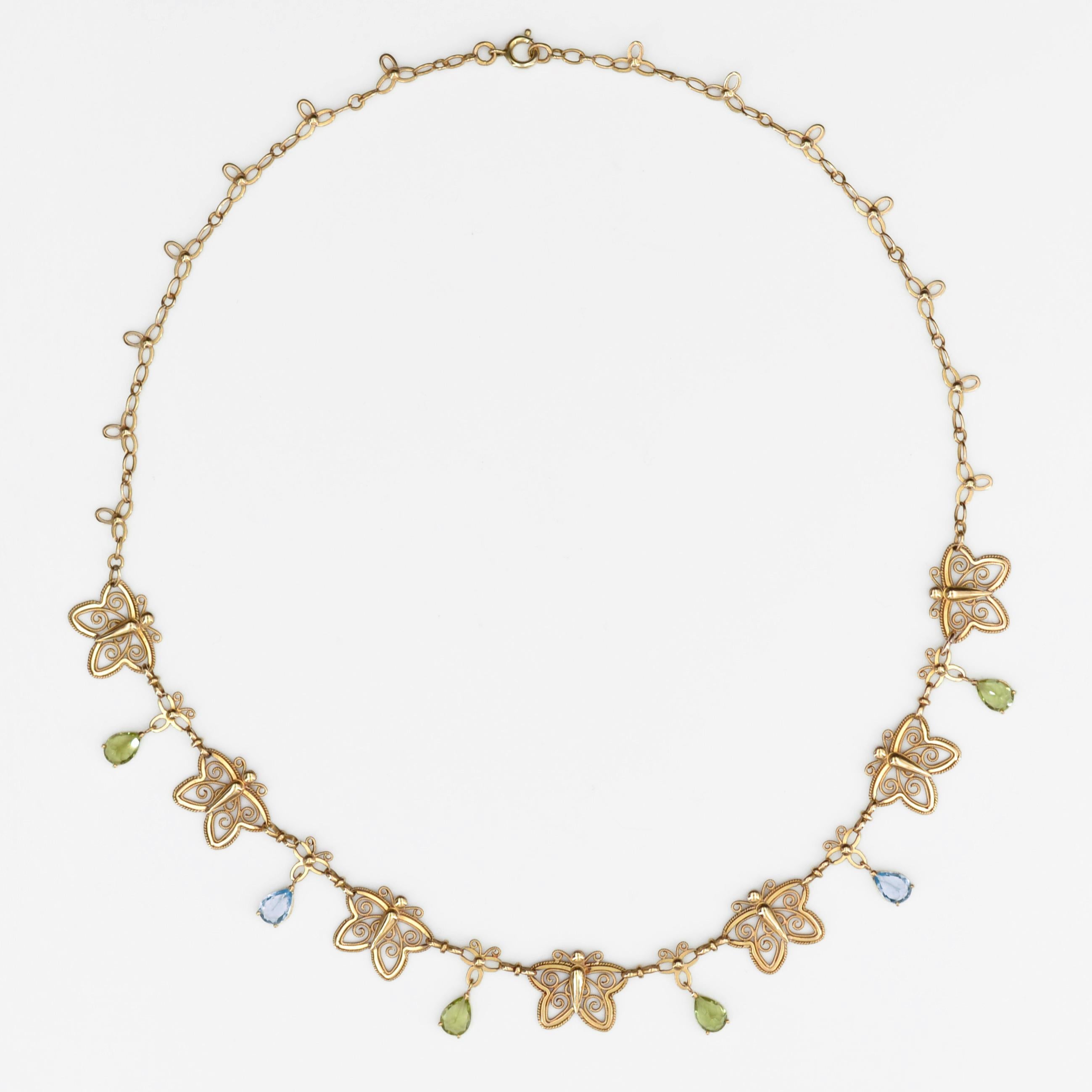 Belle Époque French 20th Century Topaz Peridot 18 Karat Yellow Gold Butterflies Necklace