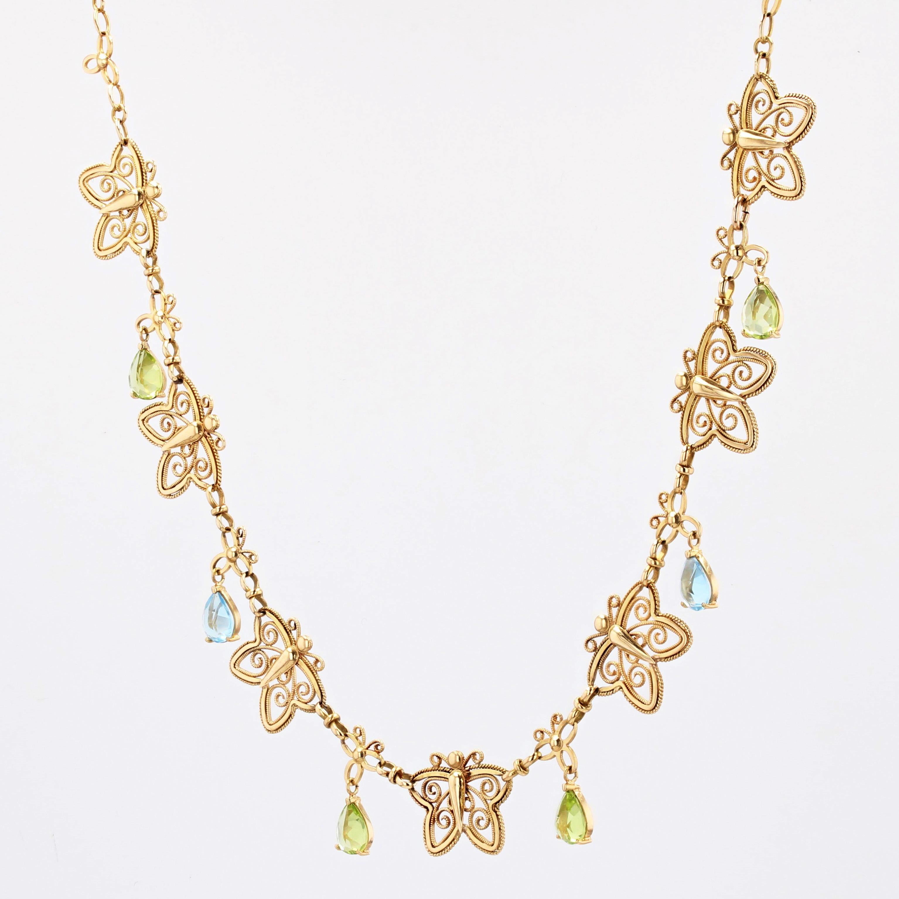 Pear Cut French 20th Century Topaz Peridot 18 Karat Yellow Gold Butterflies Necklace