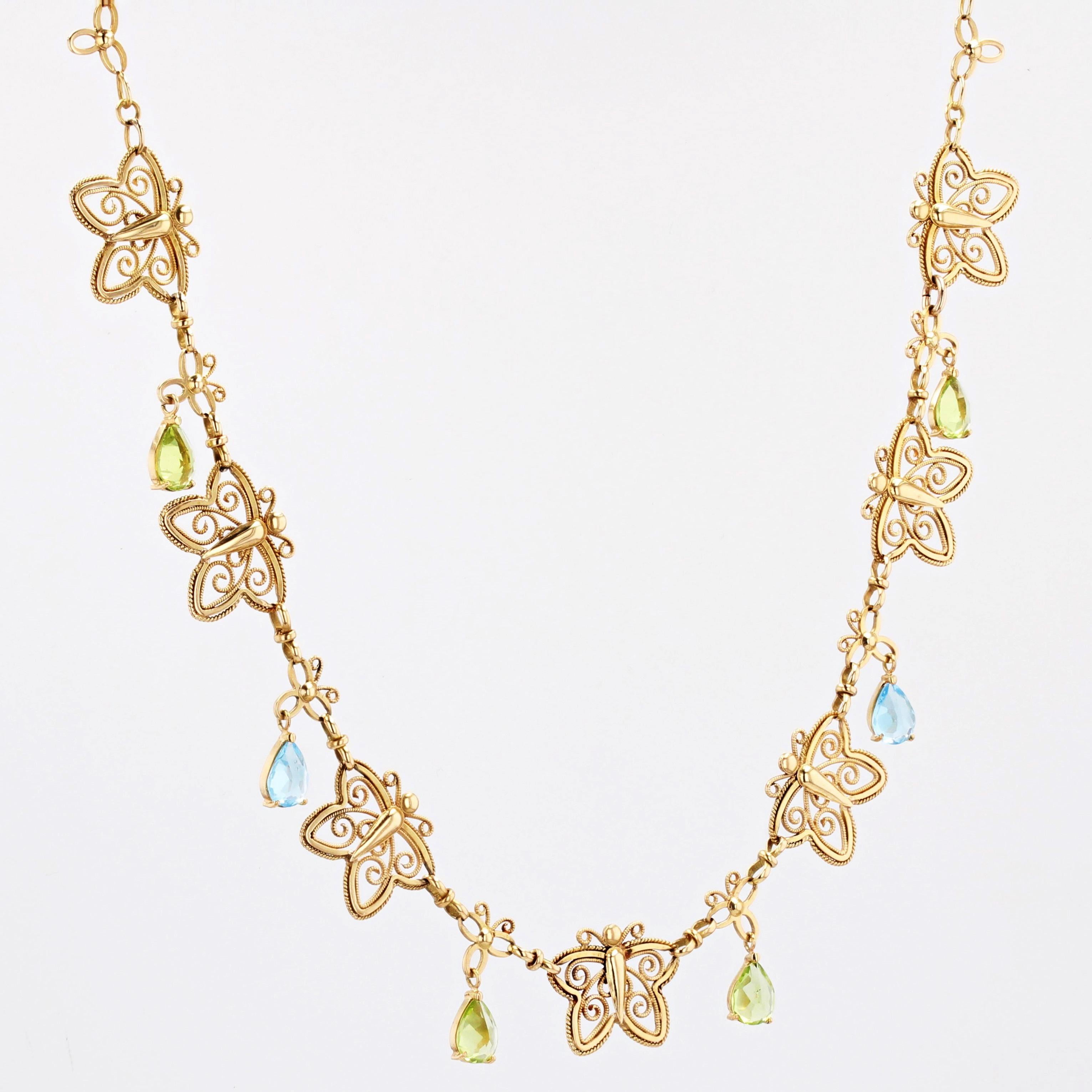 French 20th Century Topaz Peridot 18 Karat Yellow Gold Butterflies Necklace In Good Condition In Poitiers, FR