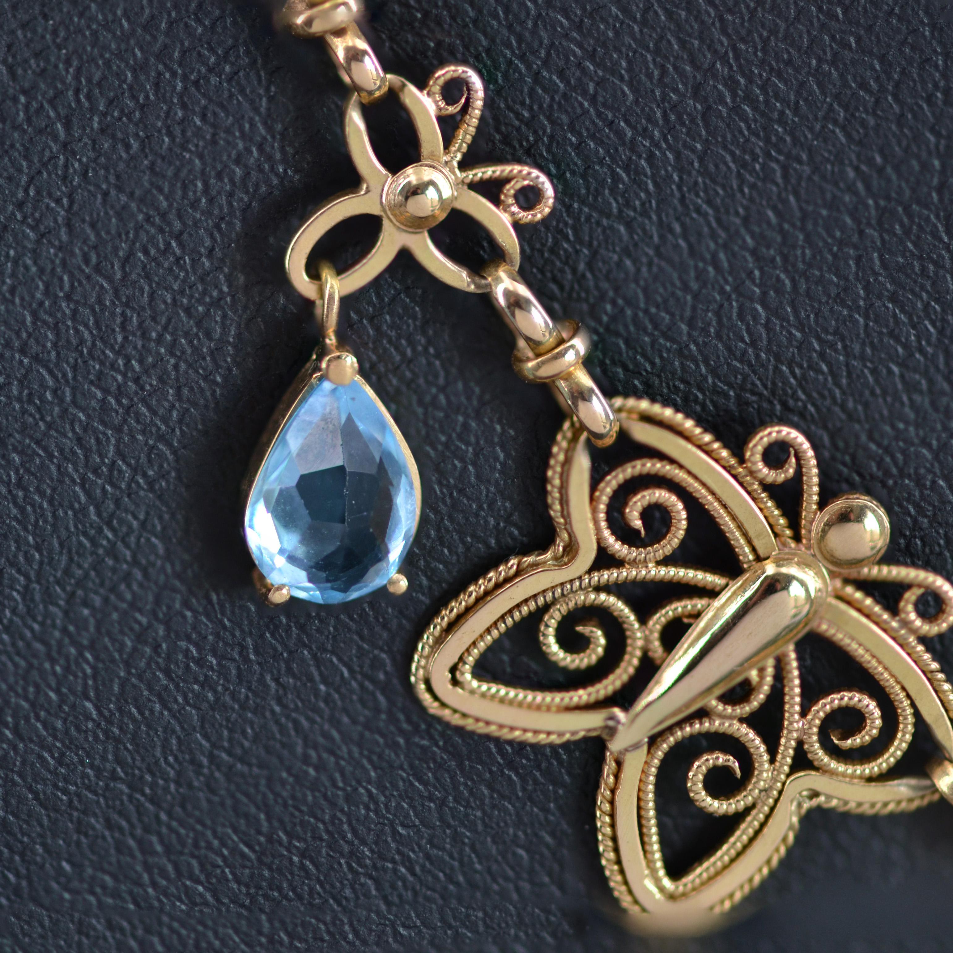 Women's French 20th Century Topaz Peridot 18 Karat Yellow Gold Butterflies Necklace