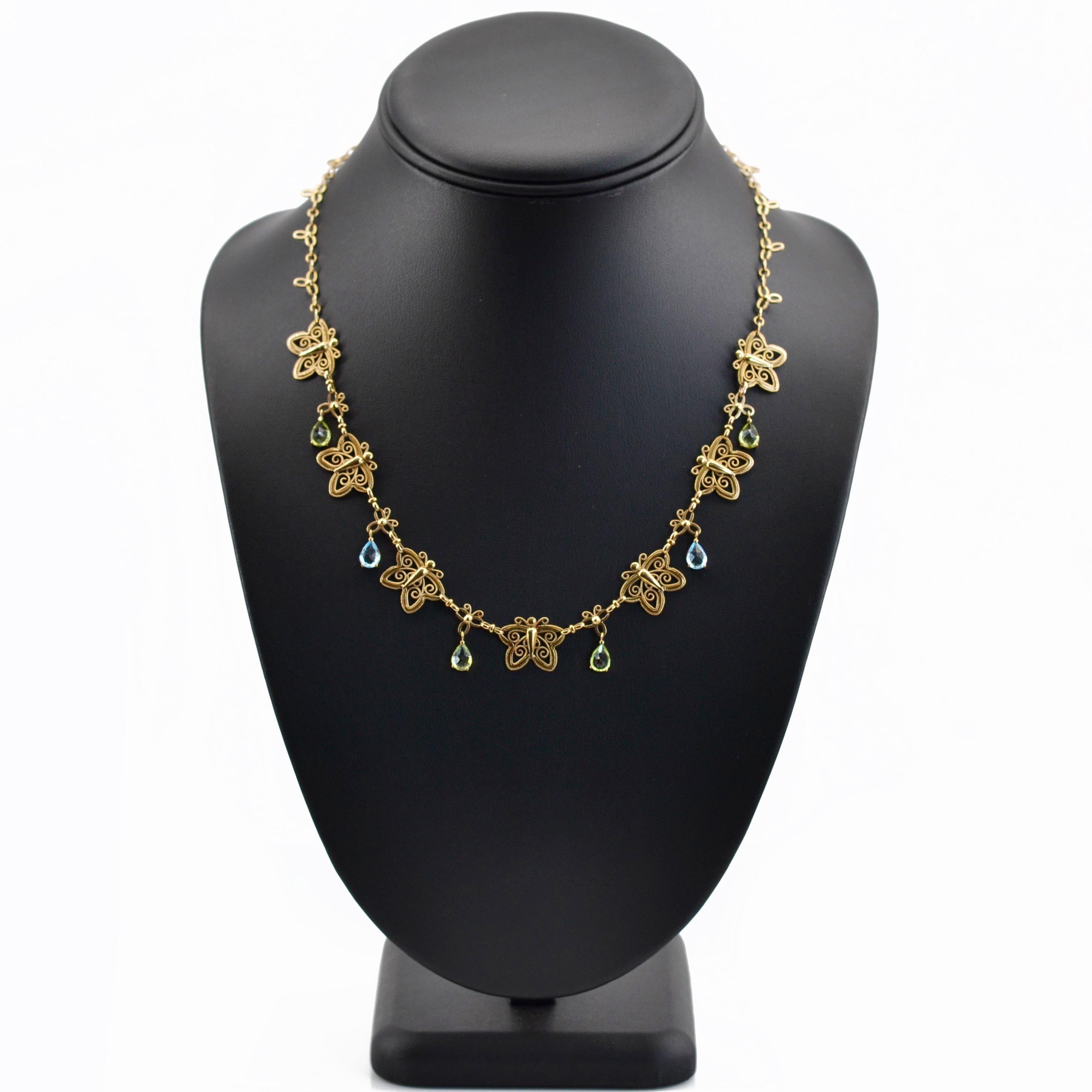 French 20th Century Topaz Peridot 18 Karat Yellow Gold Butterflies Necklace 1
