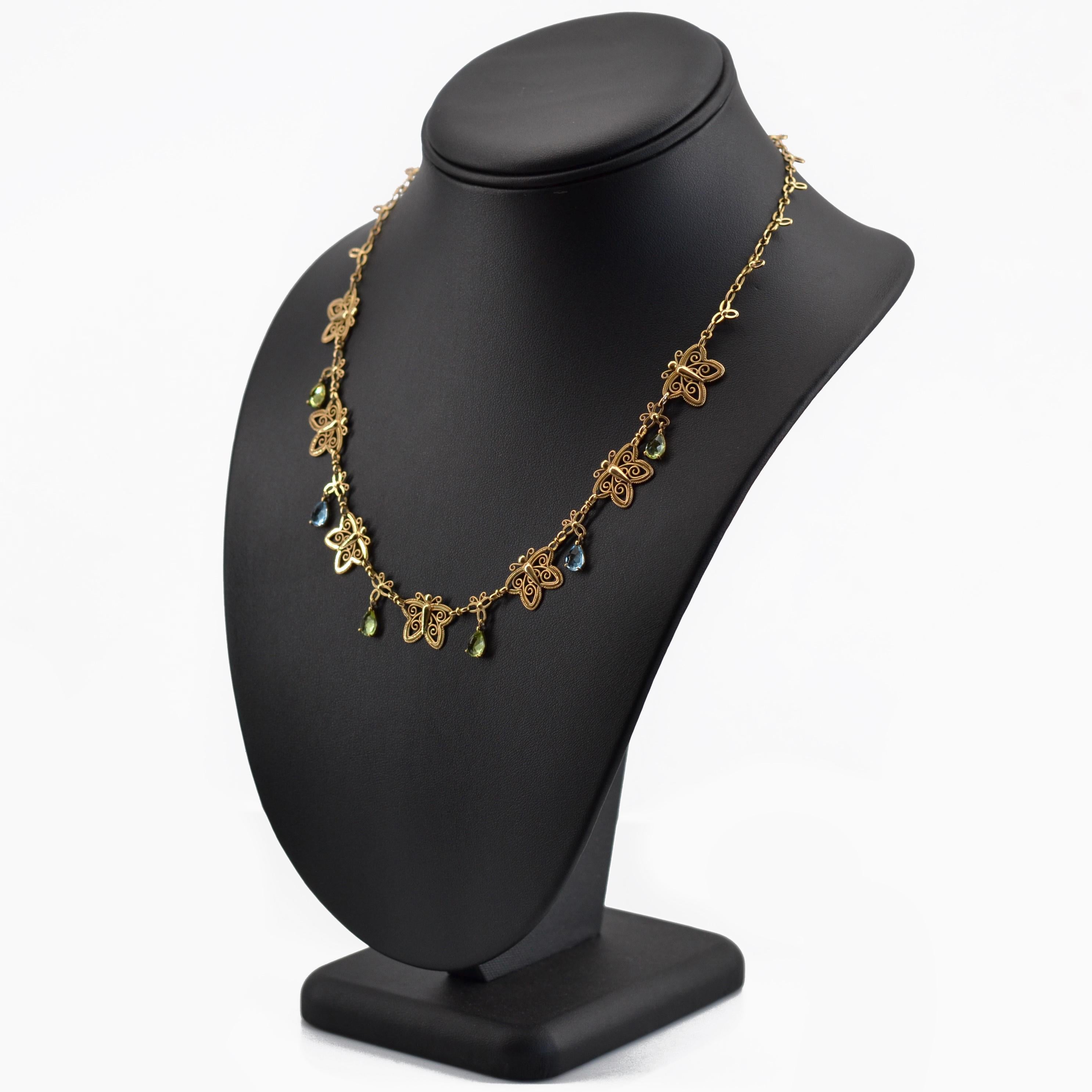 French 20th Century Topaz Peridot 18 Karat Yellow Gold Butterflies Necklace 2