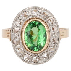 Antique French 20th Century Tsavorite Garnet Diamonds 18 Karat Rose Gold Ring