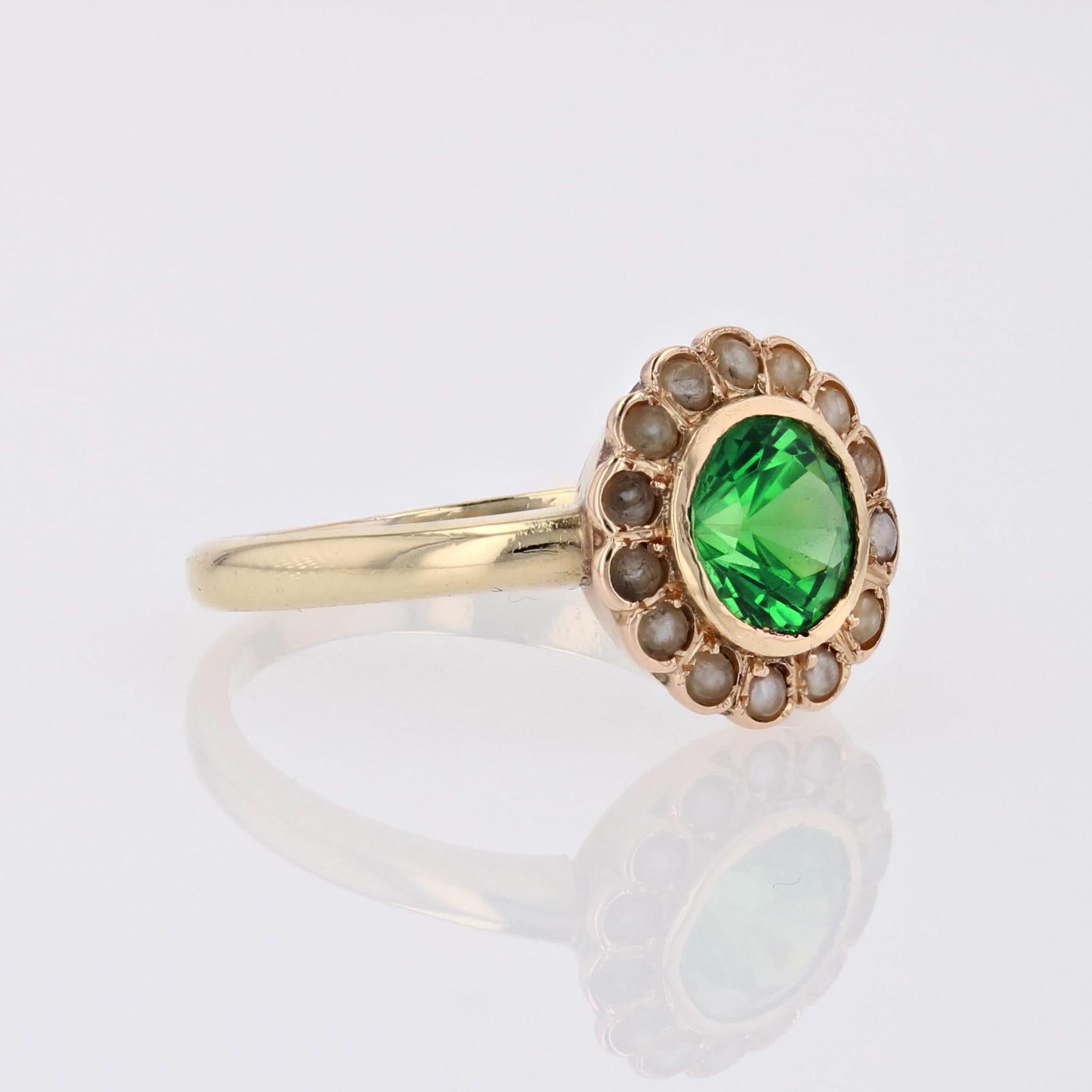 French 20th Century Tsavorite Green Garnet Fine Pearl 18 Karat Yellow Gold Ring For Sale 5
