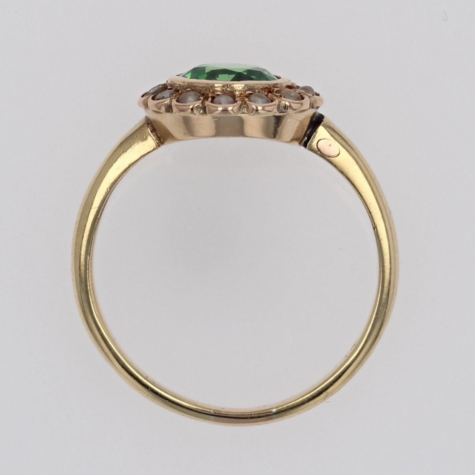 French 20th Century Tsavorite Green Garnet Fine Pearl 18 Karat Yellow Gold Ring For Sale 8