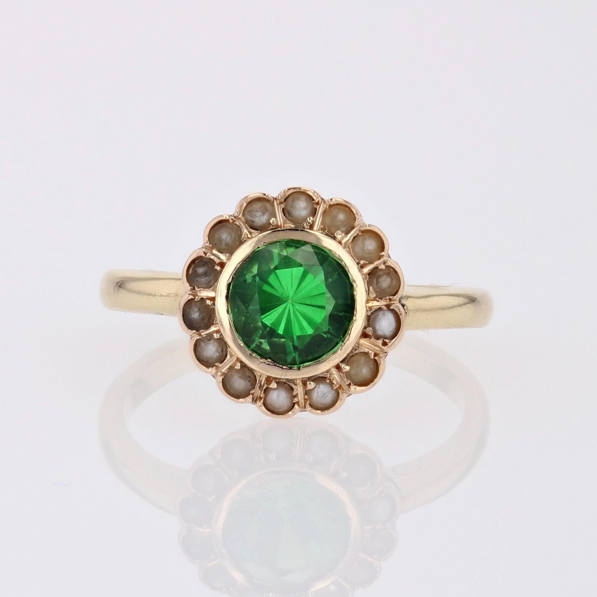 French 20th Century Tsavorite Green Garnet Fine Pearl 18 Karat Yellow Gold Ring For Sale 10