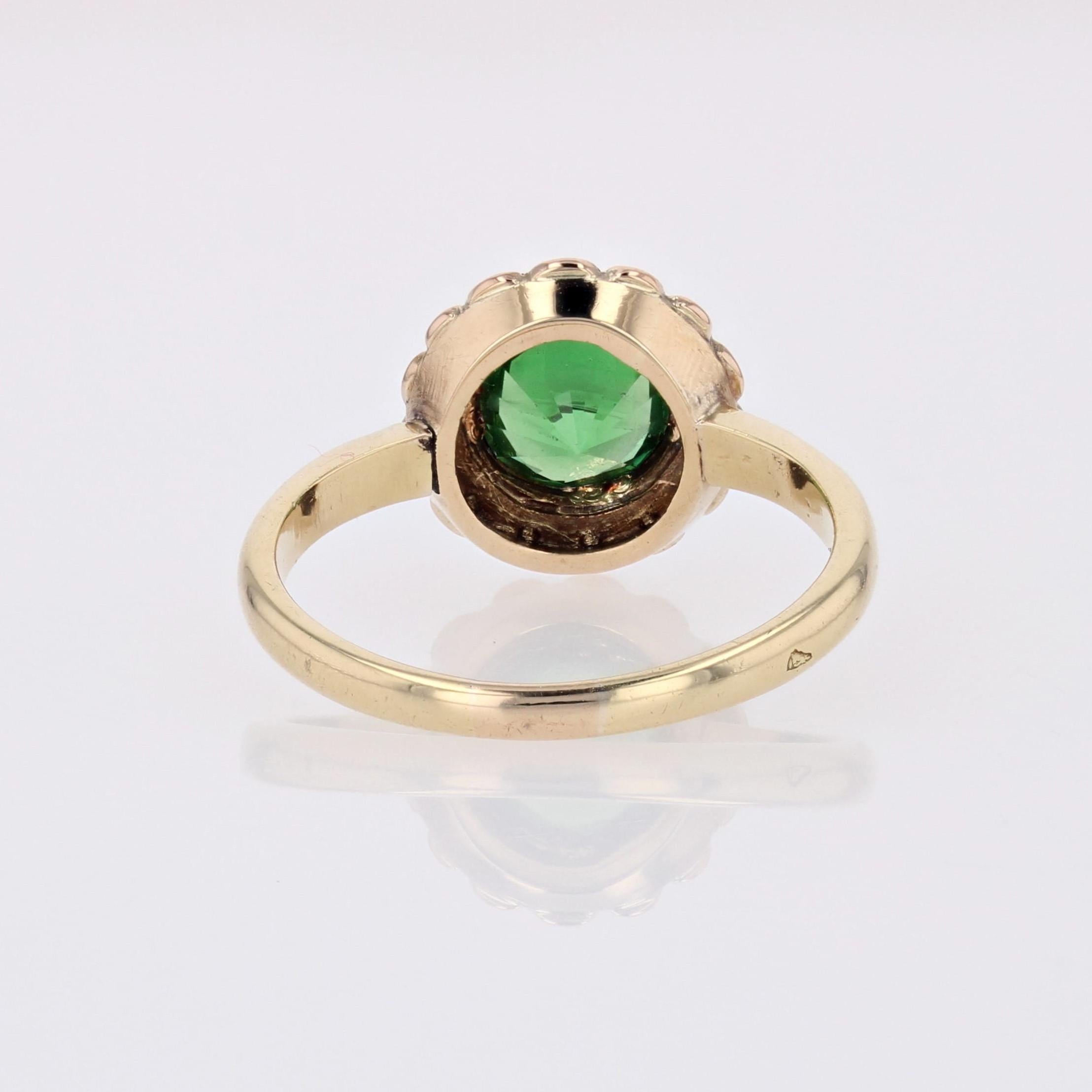 French 20th Century Tsavorite Green Garnet Fine Pearl 18 Karat Yellow Gold Ring For Sale 11