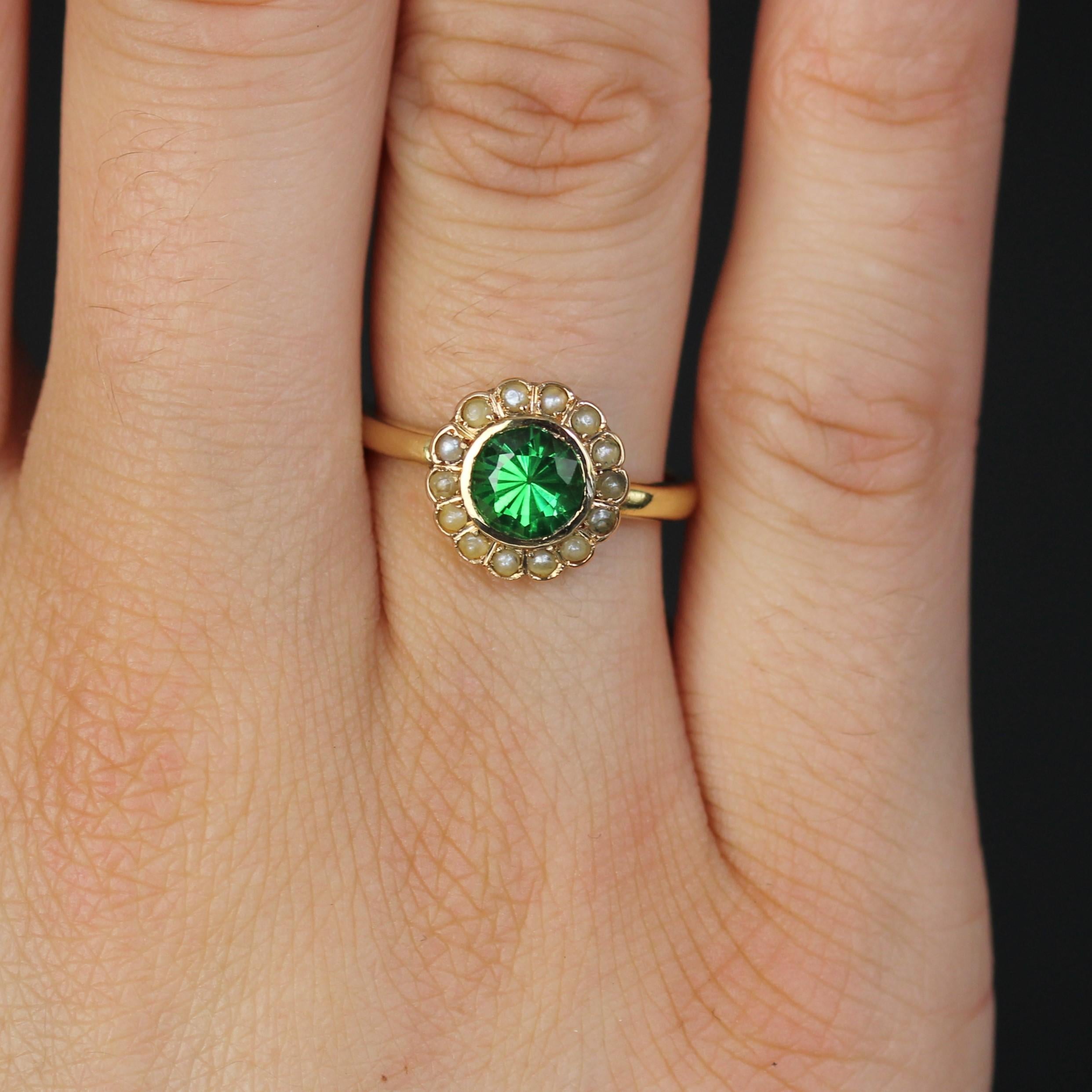Women's French 20th Century Tsavorite Green Garnet Fine Pearl 18 Karat Yellow Gold Ring For Sale