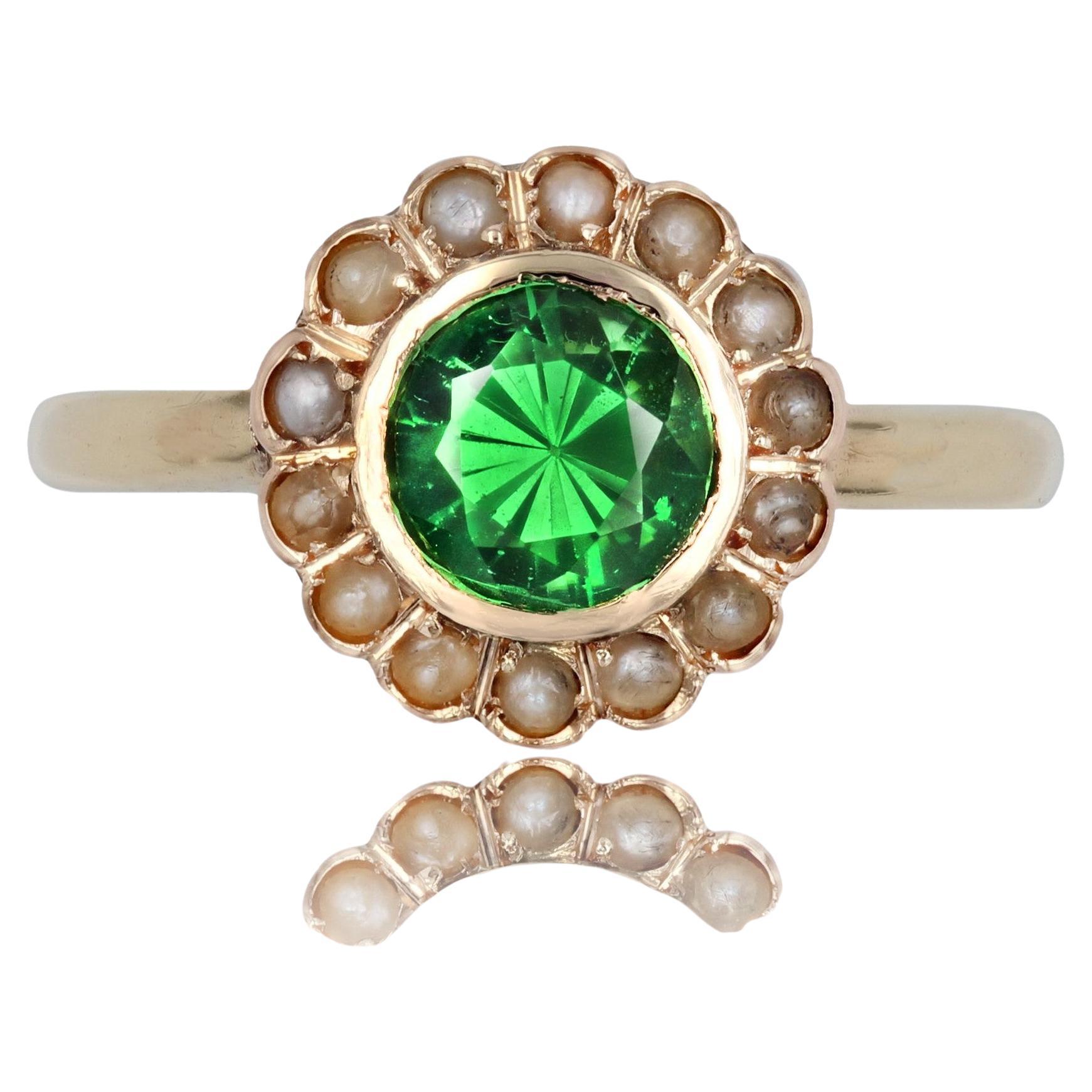 French 20th Century Tsavorite Green Garnet Fine Pearl 18 Karat Yellow Gold Ring For Sale