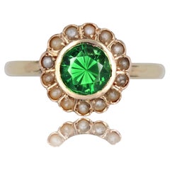 Antique French 20th Century Tsavorite Green Garnet Fine Pearl 18 Karat Yellow Gold Ring
