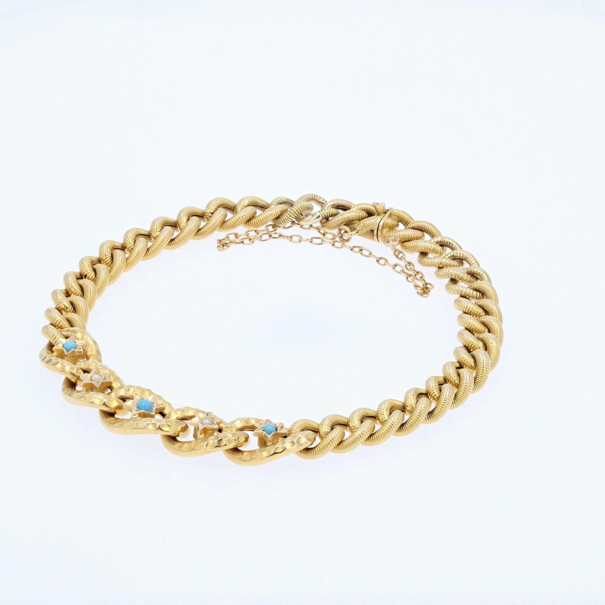 French 20th Century Turquoise Glass Natural Pearl 18 Karat Yellow Gold Bracelet In Good Condition In Poitiers, FR