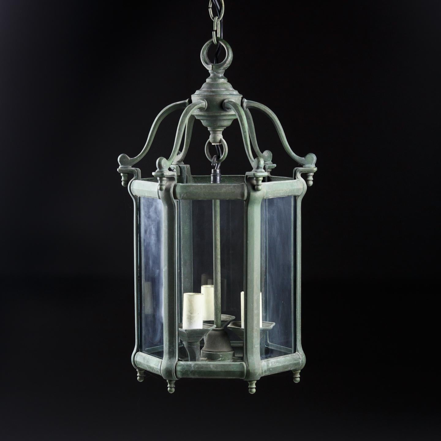 Early 20th Century Bronze Lantern. Verdigris Patination.

Rewired to British Standard 230v, Reglazed.

France Circa 1950.