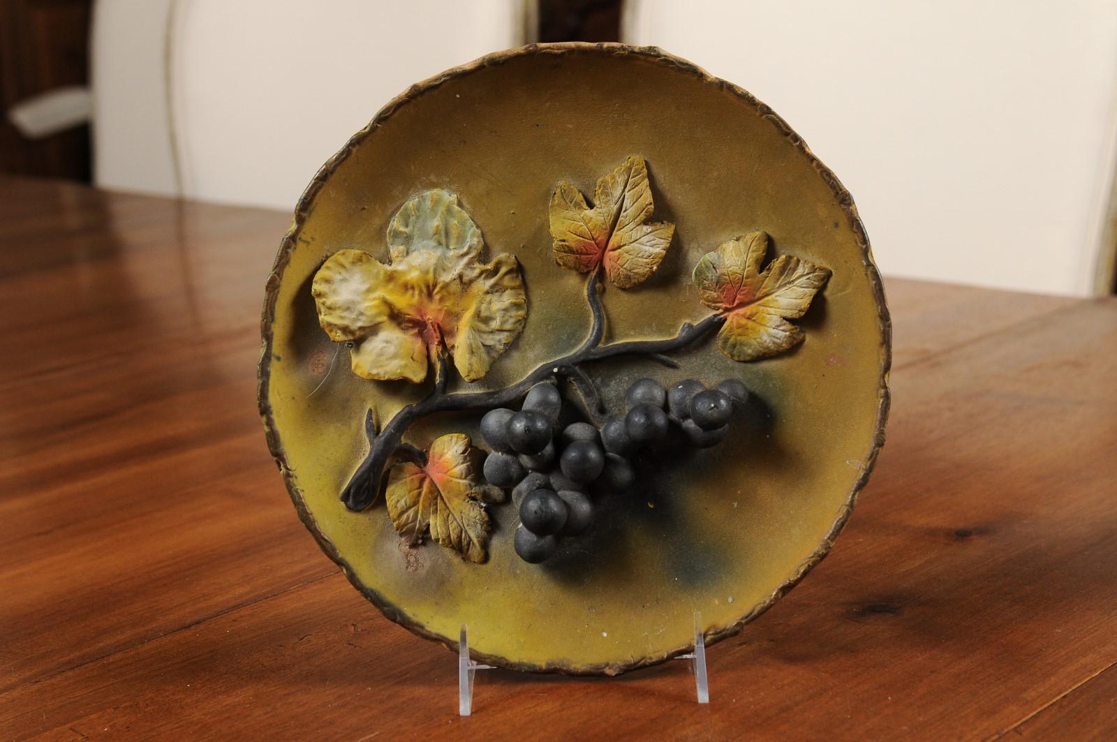 French 20th Century Wall Hanging Pottery Plate with Black Grapes Motifs For Sale 1