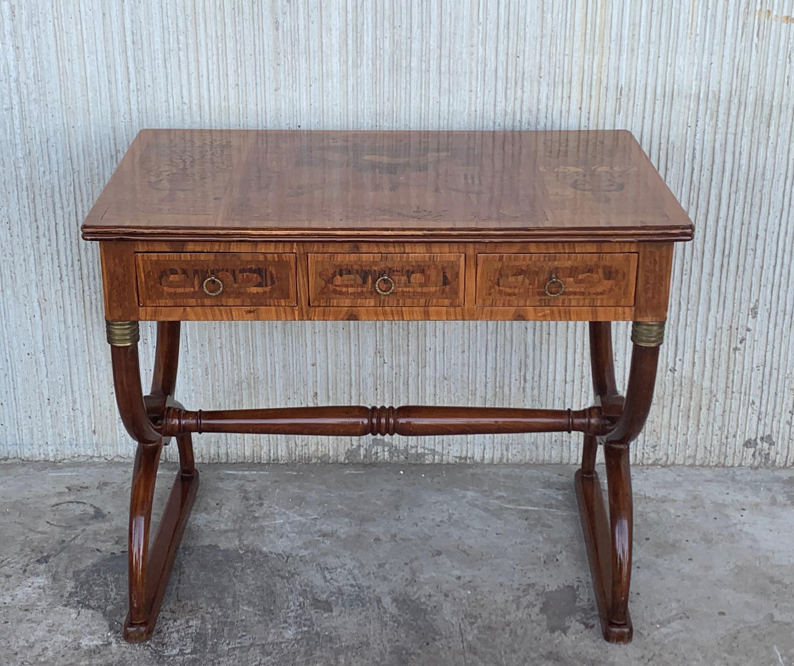 20th Century French Charles X Style Marquetry Desk with Sliding Surfaces in Both Side