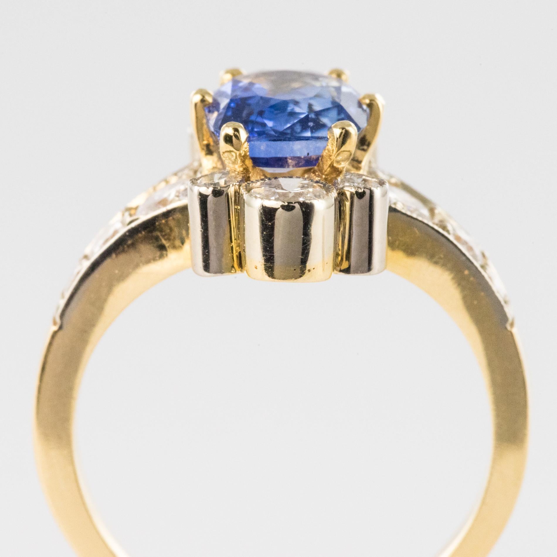 French 2.12 Carat Cushion, Cut Blue Sapphire Diamonds 18 Karat Yellow Gold Ring 4