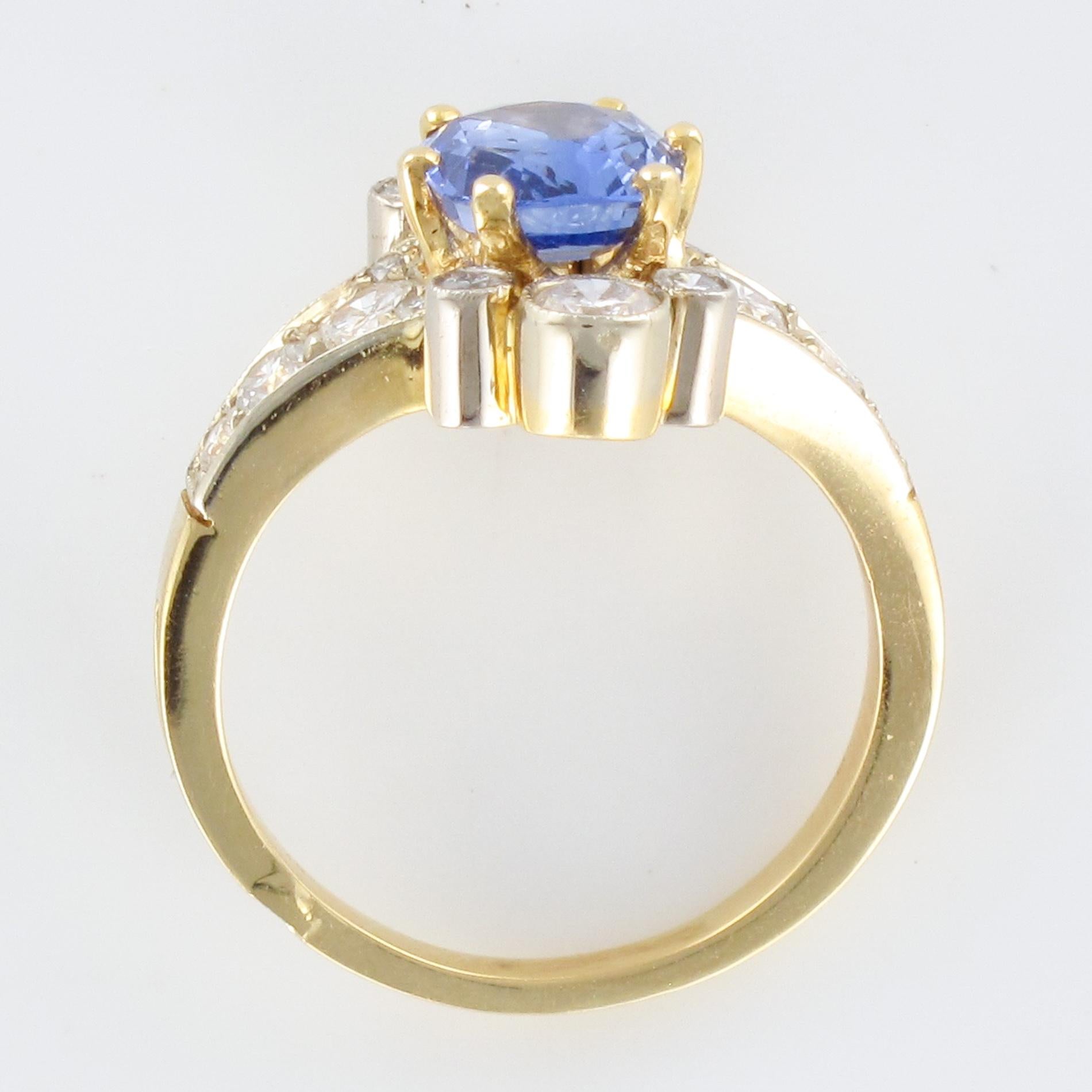 French 2.12 Carat Cushion, Cut Blue Sapphire Diamonds 18 Karat Yellow Gold Ring 9