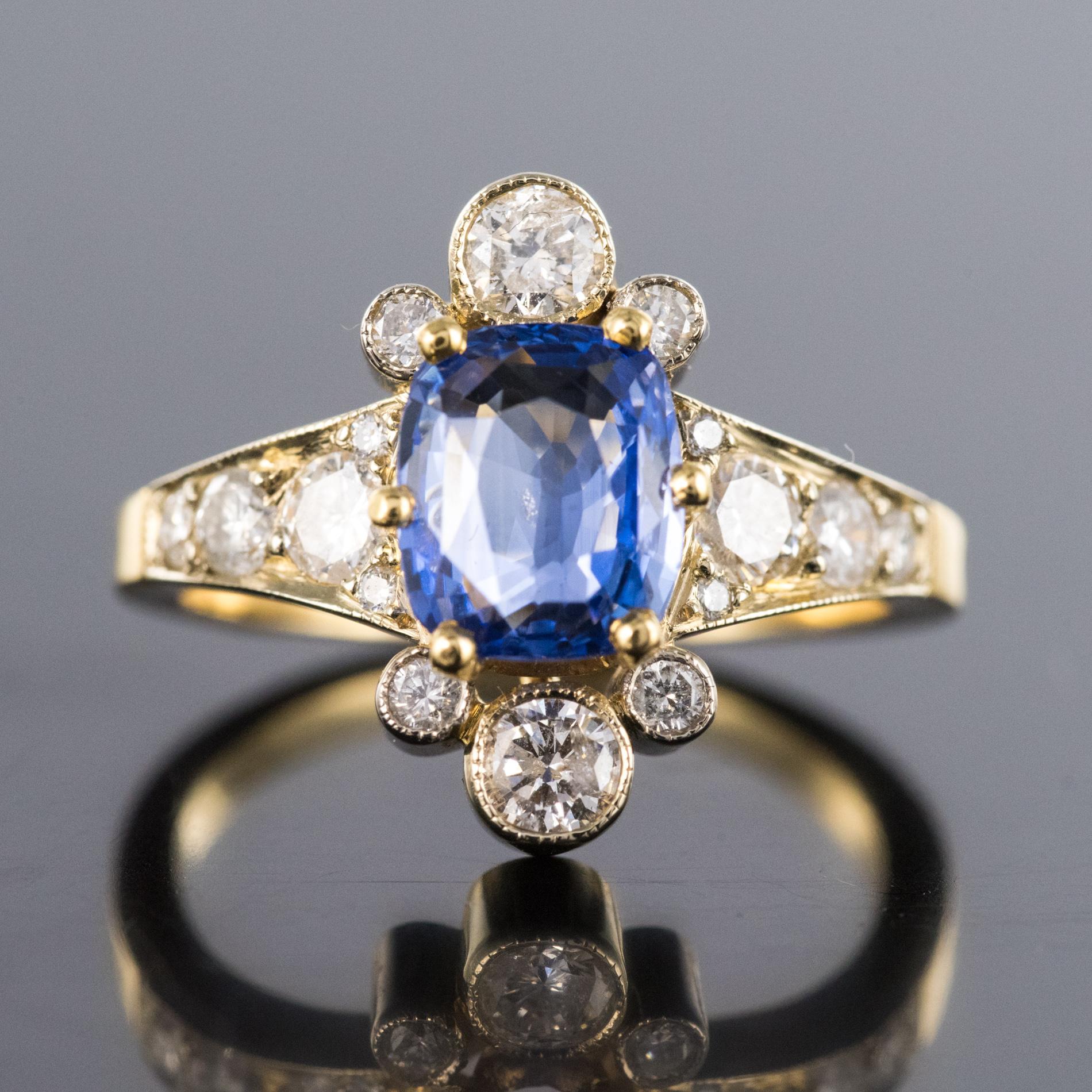 Modern French 2.12 Carat Cushion, Cut Blue Sapphire Diamonds 18 Karat Yellow Gold Ring