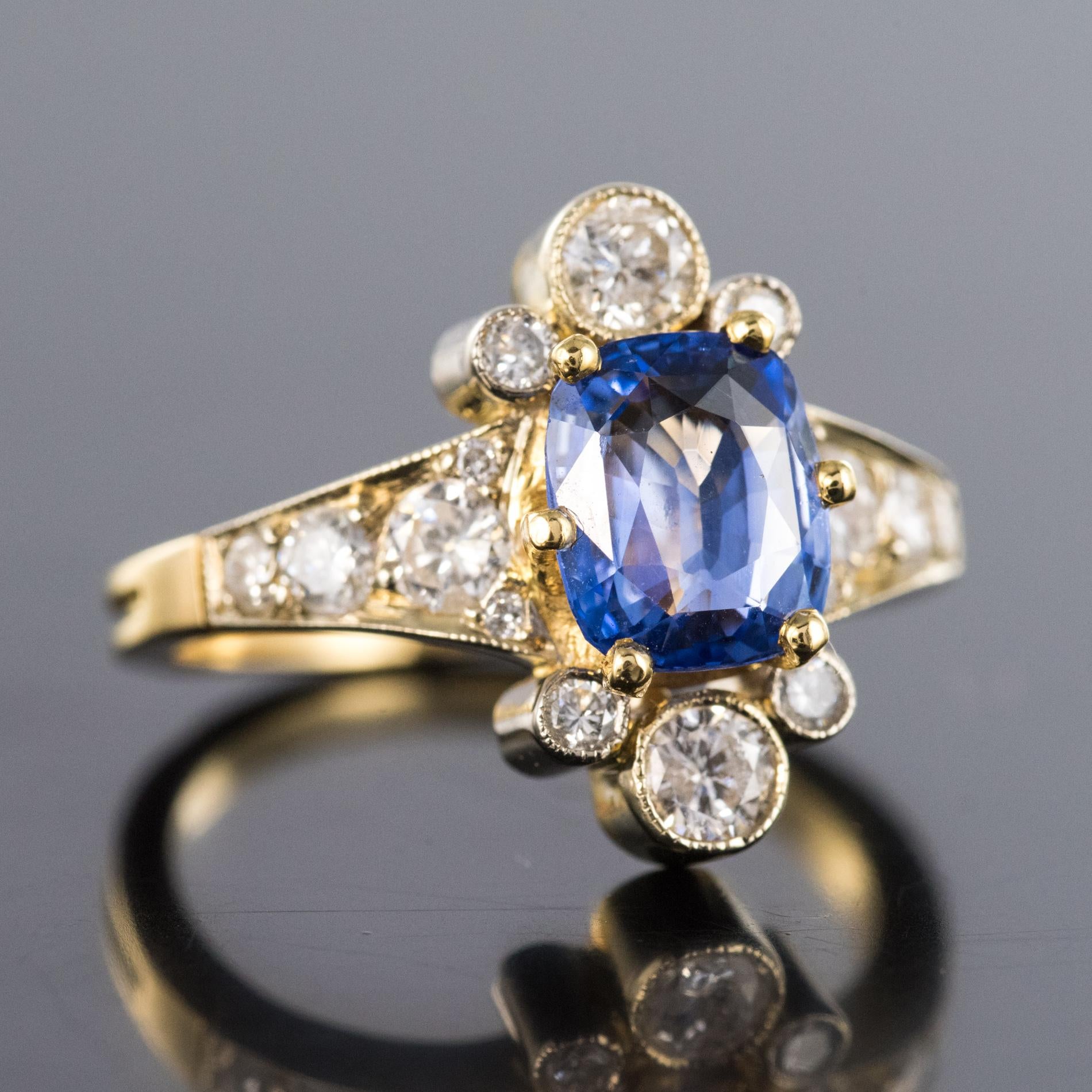 Cushion Cut French 2.12 Carat Cushion, Cut Blue Sapphire Diamonds 18 Karat Yellow Gold Ring