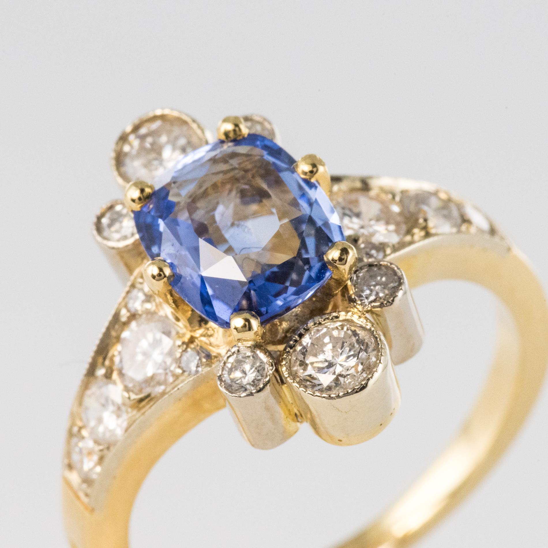 French 2.12 Carat Cushion, Cut Blue Sapphire Diamonds 18 Karat Yellow Gold Ring 2